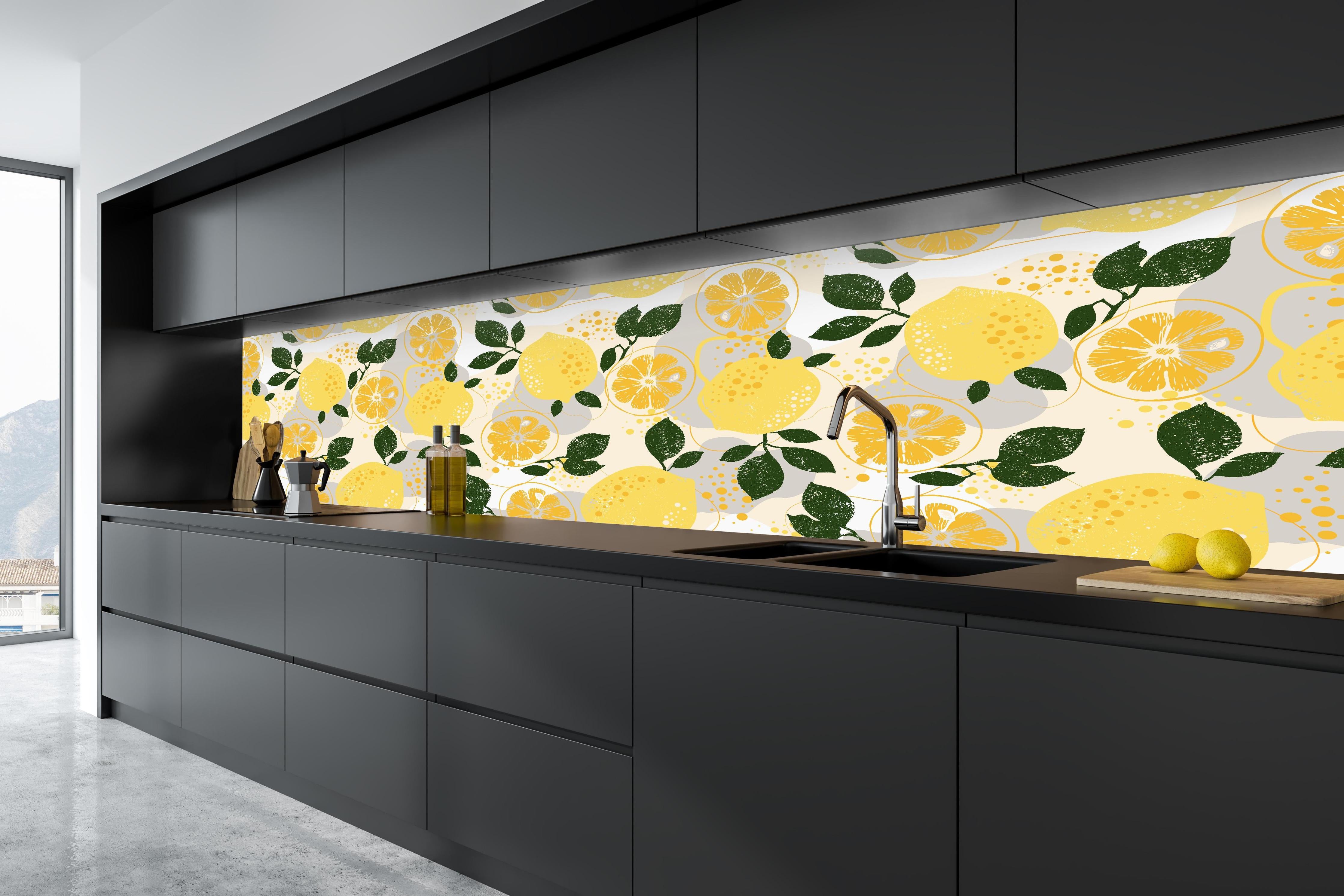 Küche - Zitronenmuster Gelb-Grün in tiefschwarzer matt-premium Einbauküche