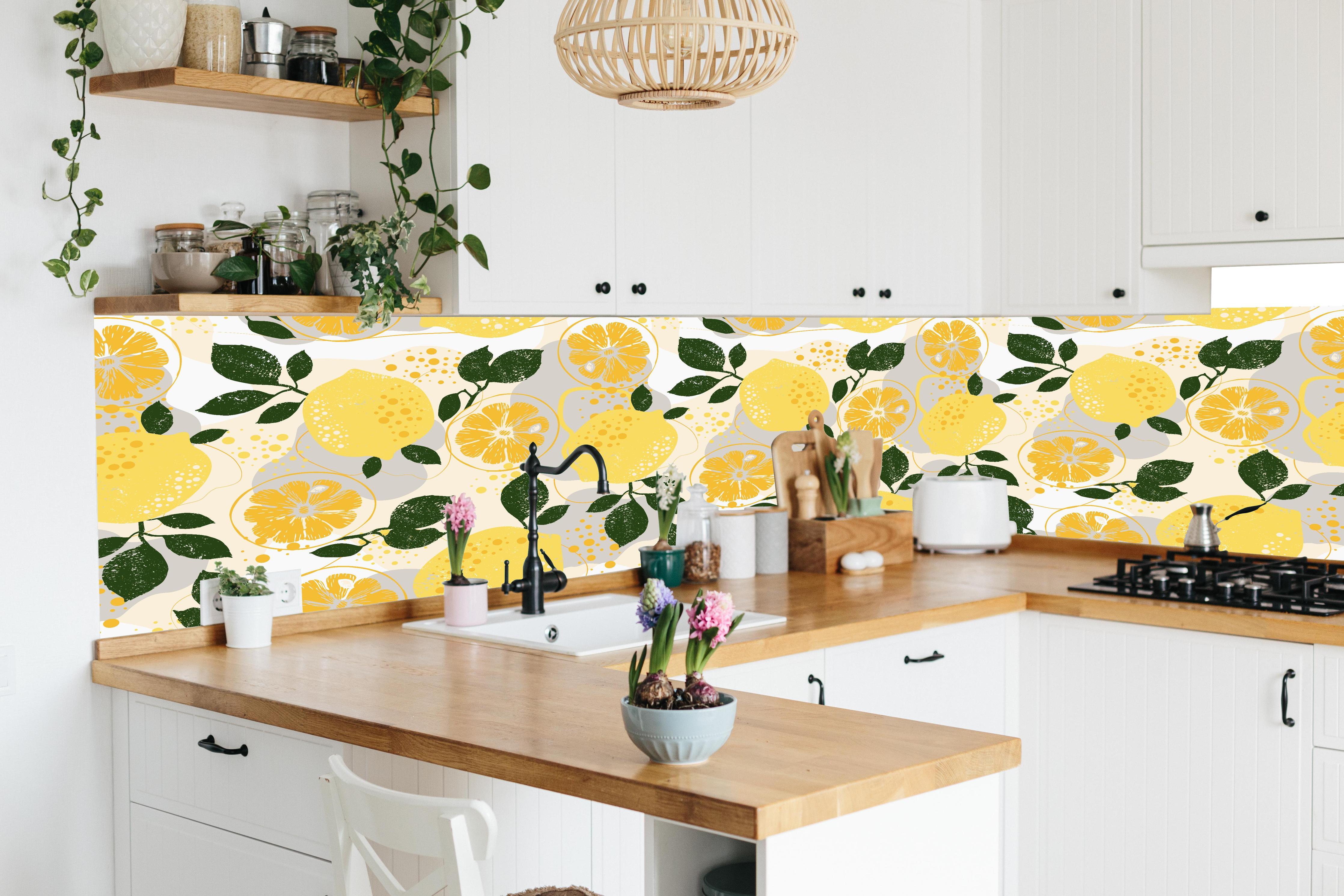 Küche - Zitronenmuster Gelb-Grün in lebendiger Küche mit bunten Blumen