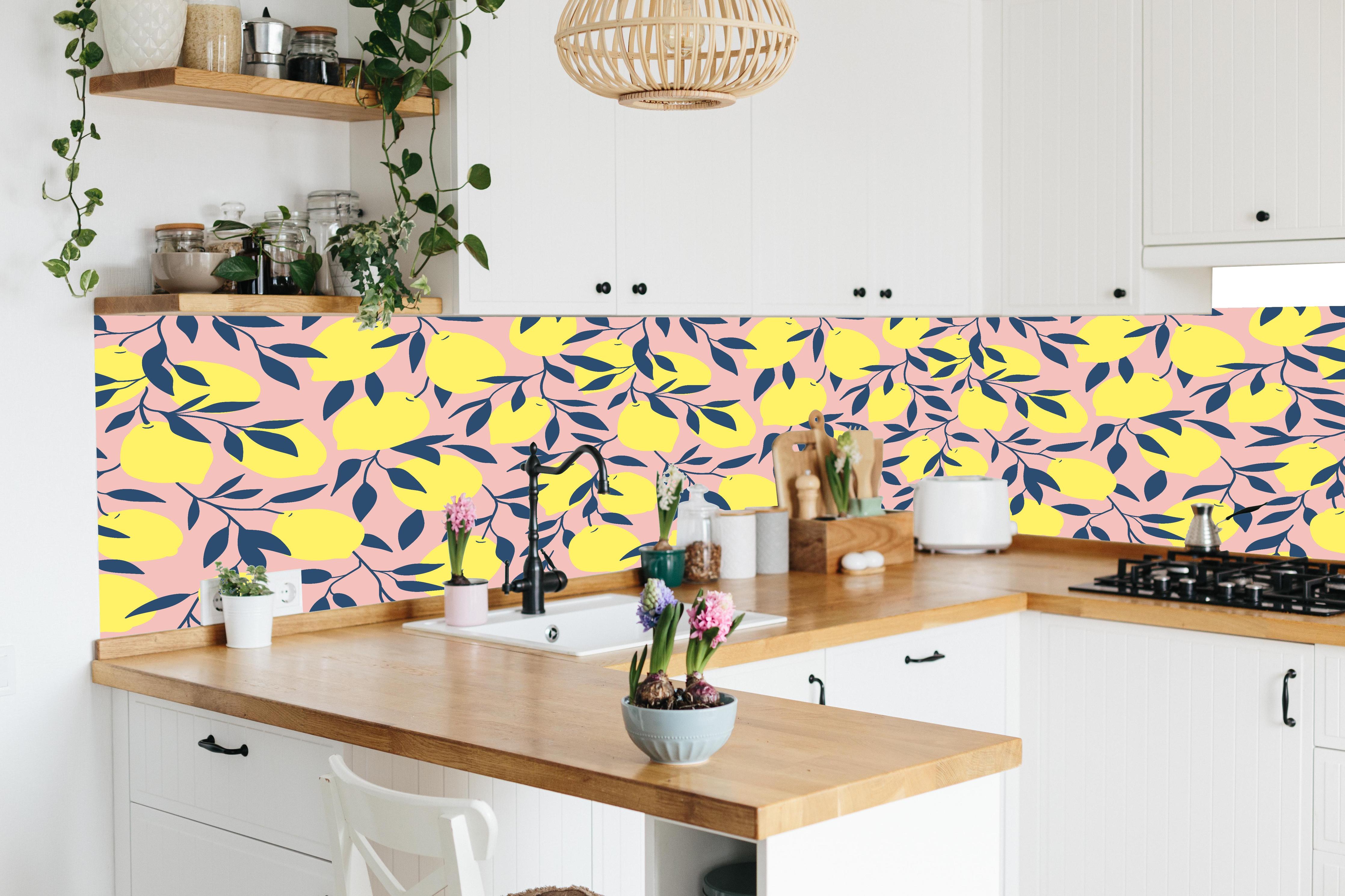 Küche - Zitronenmuster Gelb Rosa in lebendiger Küche mit bunten Blumen