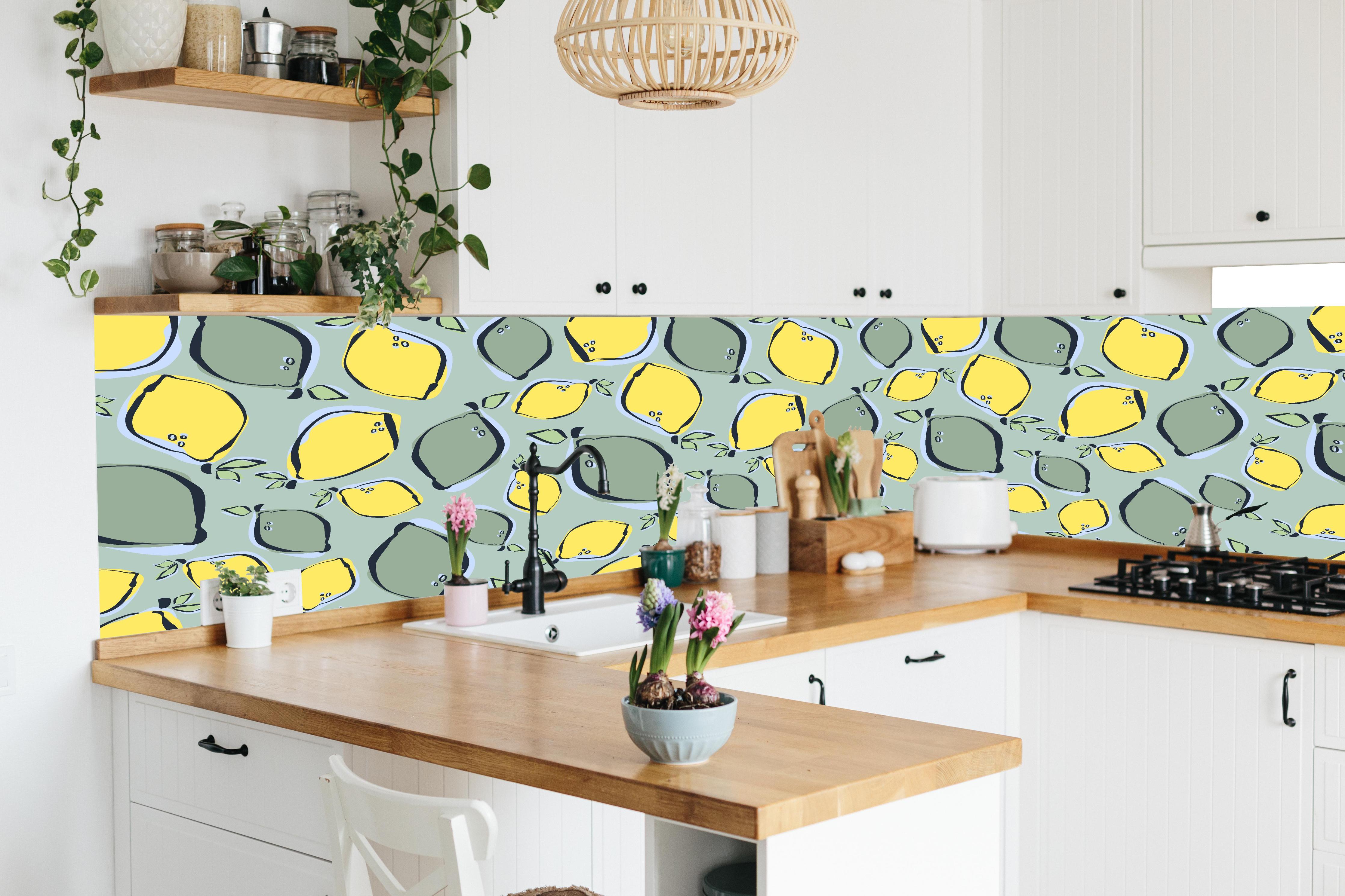 Küche - Zitronenmuster Gelb-Türkis in lebendiger Küche mit bunten Blumen