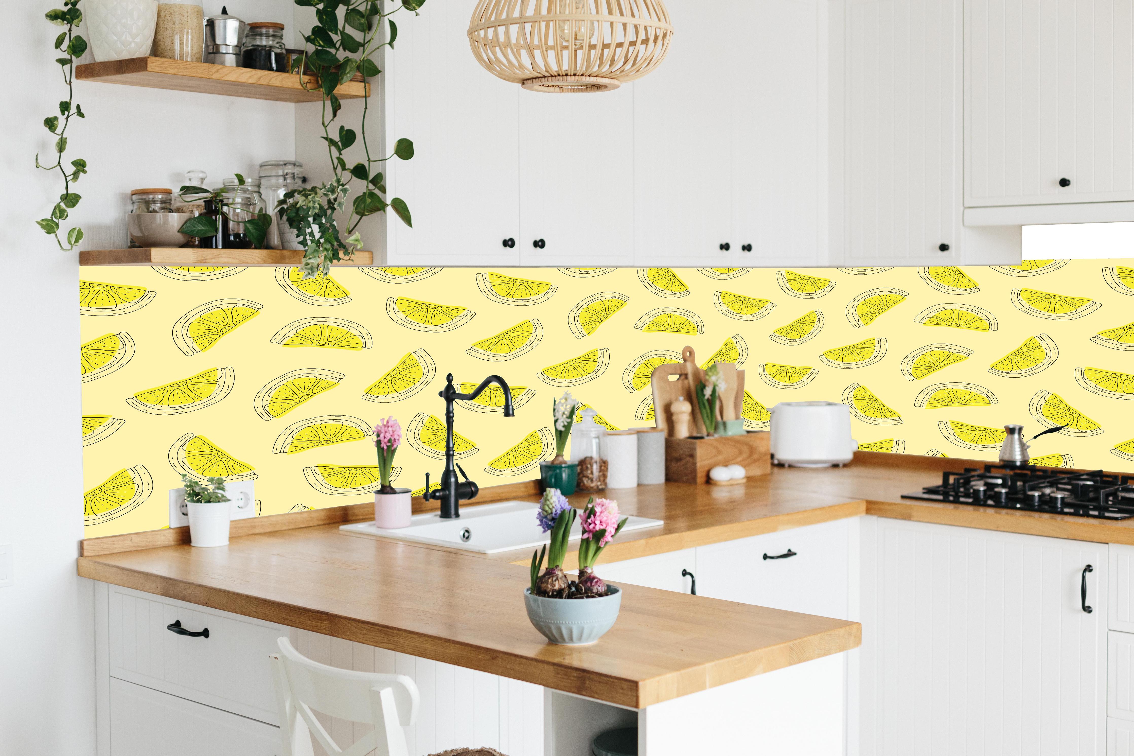 Küche - Zitronenmuster Helle Zitronenscheiben in lebendiger Küche mit bunten Blumen