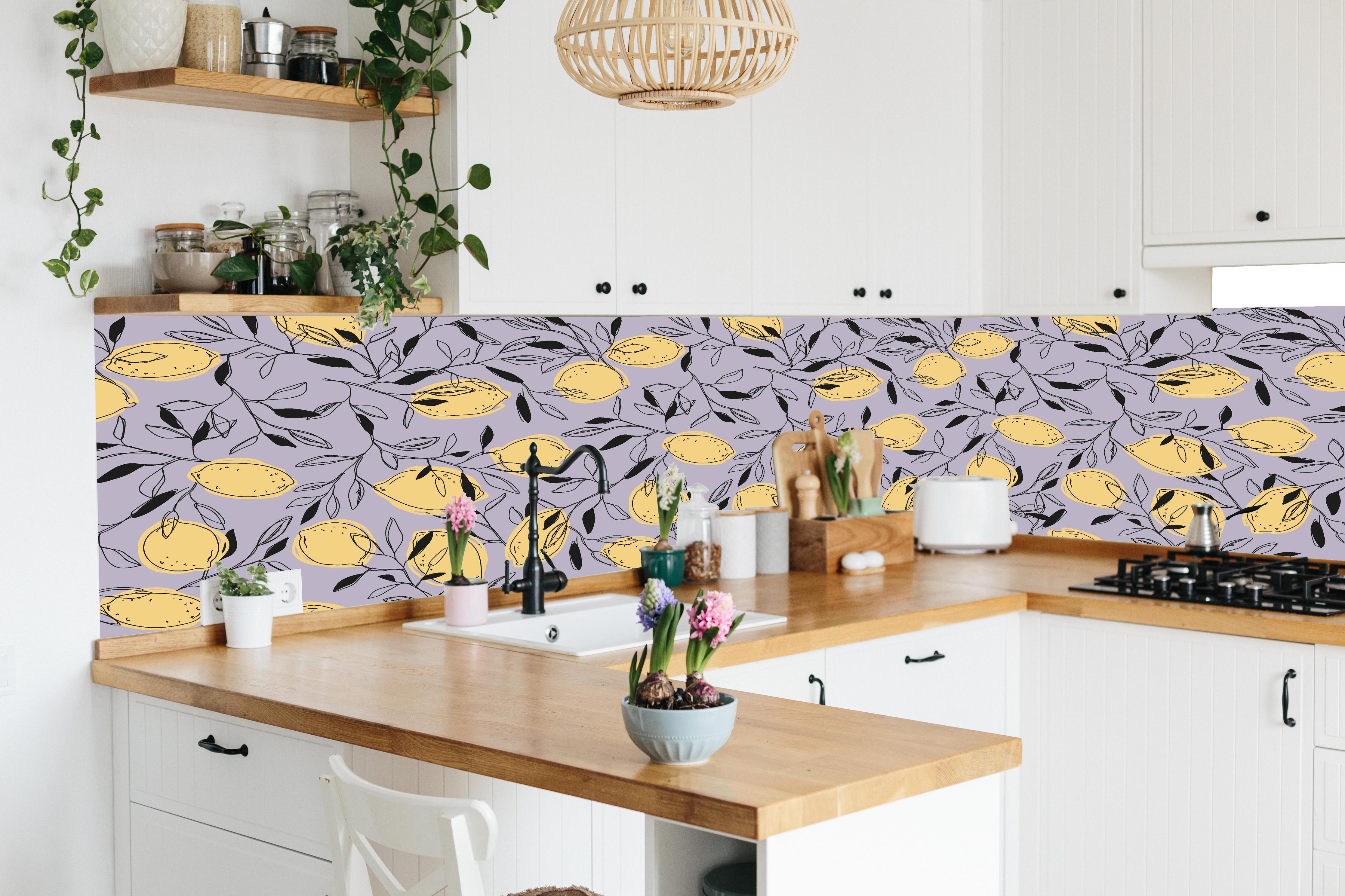 Küche - Zitronenmuster Lila-Gelb in lebendiger Küche mit bunten Blumen