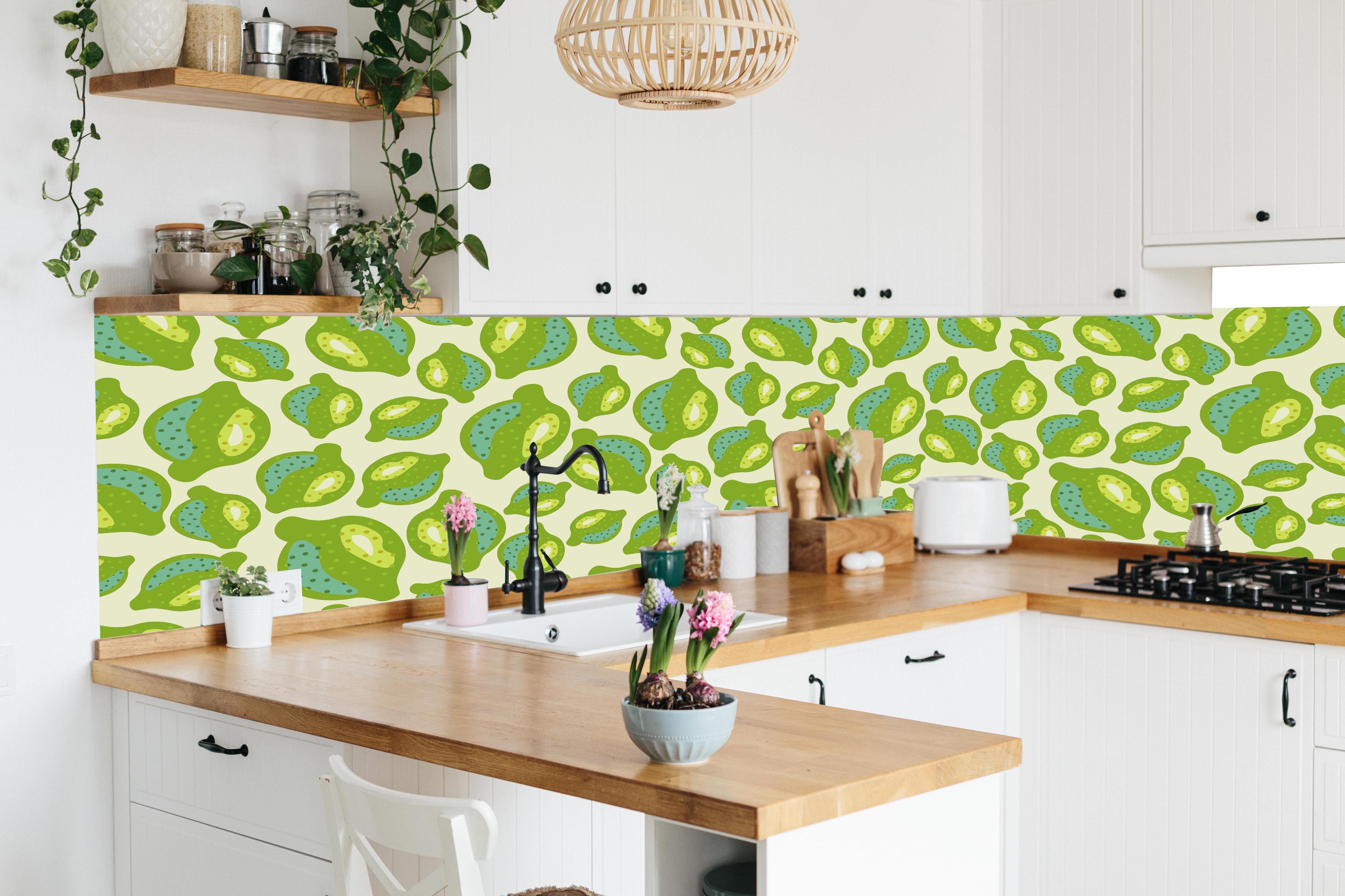 Küche - Zitrus-Limetten-Muster Grün in lebendiger Küche mit bunten Blumen