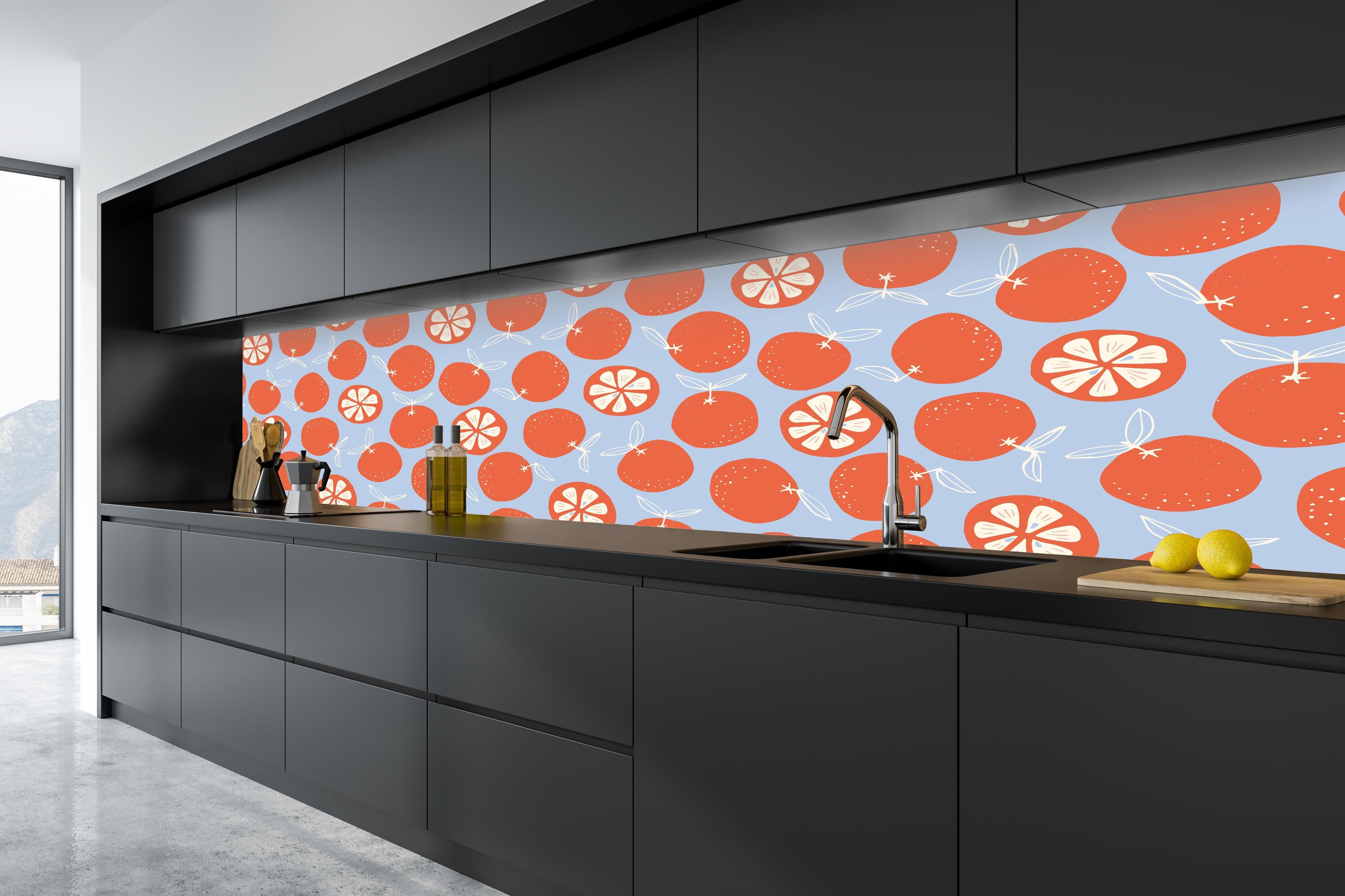 Küche - Zitrus-Orangenmuster Coral Glow in tiefschwarzer matt-premium Einbauküche