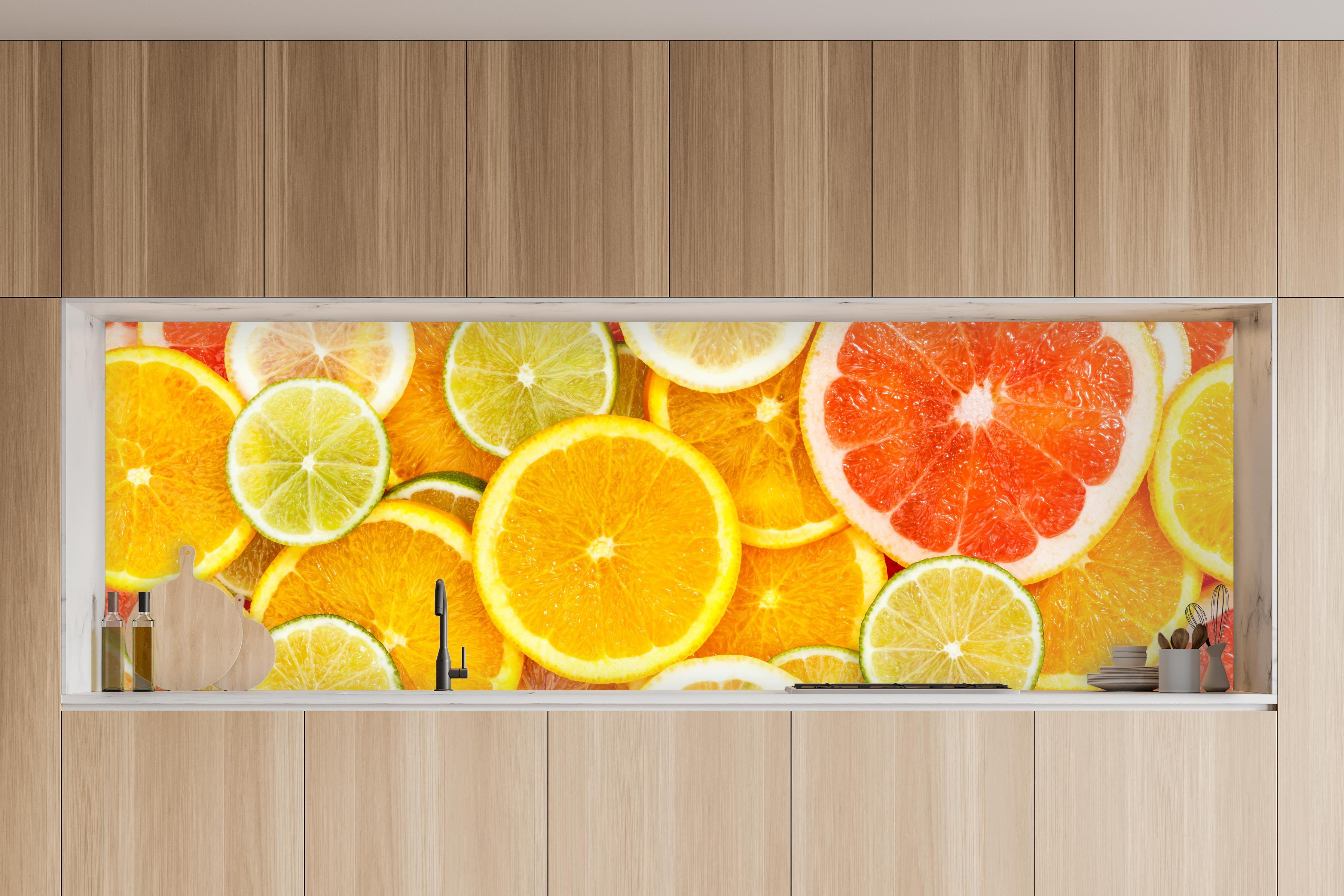 Küche - Zitrusmix Orange Gelb Grün in charakteristischer Vollholz-Küche mit modernem Gasherd