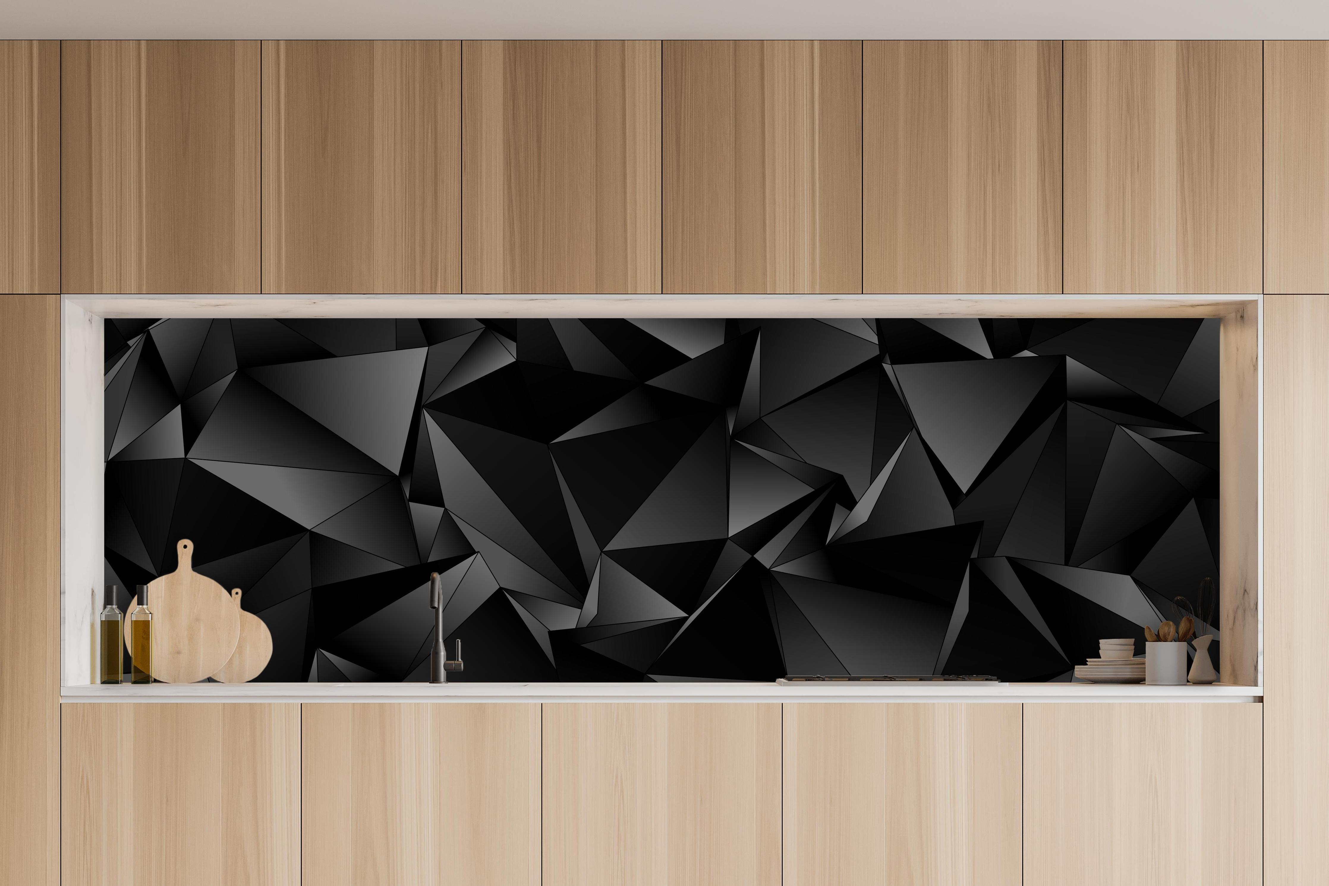 Küche - Abstrakte Schwarze 3D Dreiecke in charakteristischer Vollholz-Küche mit modernem Gasherd