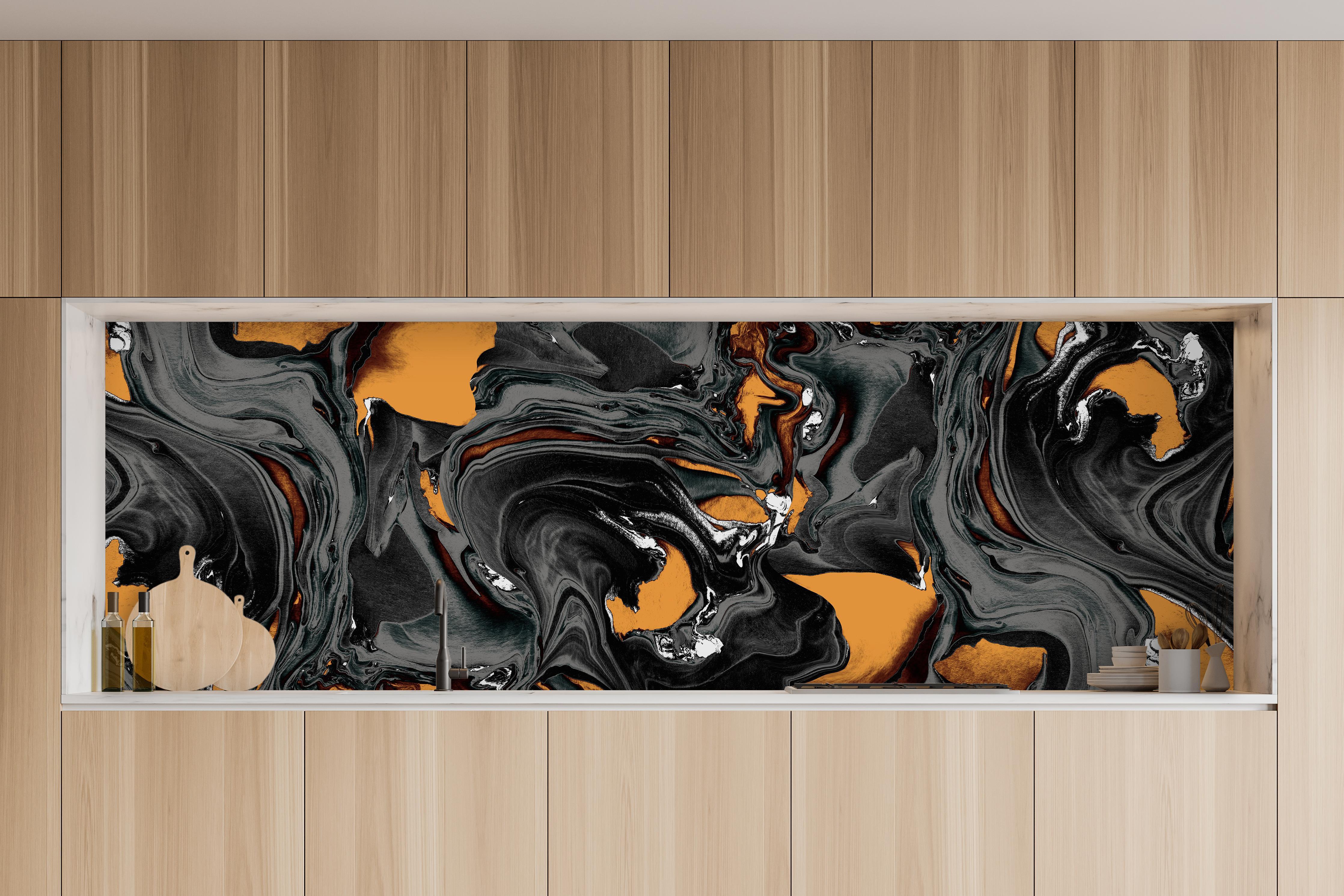 Küche - Abstrakter Kunsthintergrund in charakteristischer Vollholz-Küche mit modernem Gasherd