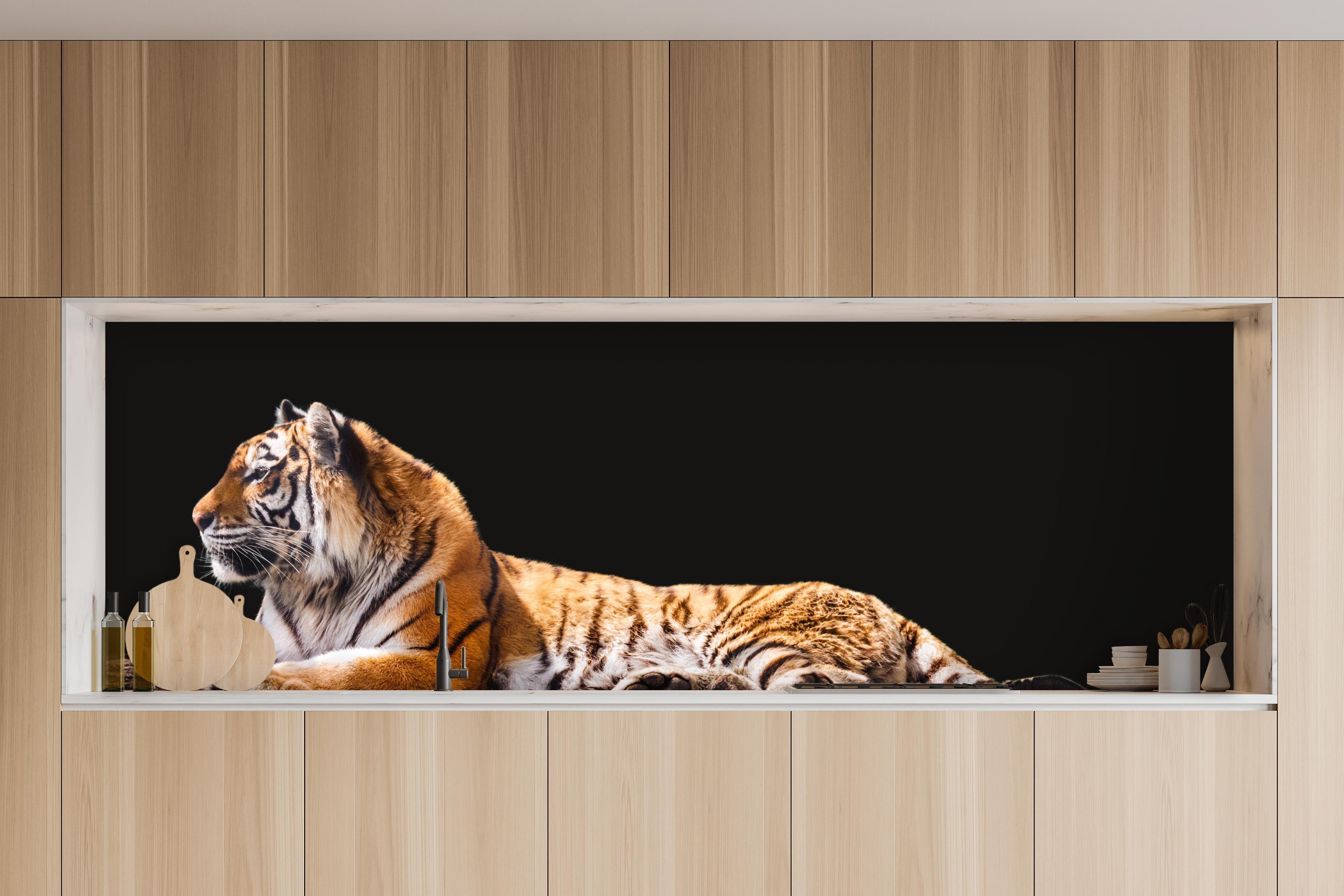 Küche - Amurtiger liegend auf Holzdeck mit Schwarzem Hintergrund in charakteristischer Vollholz-Küche mit modernem Gasherd