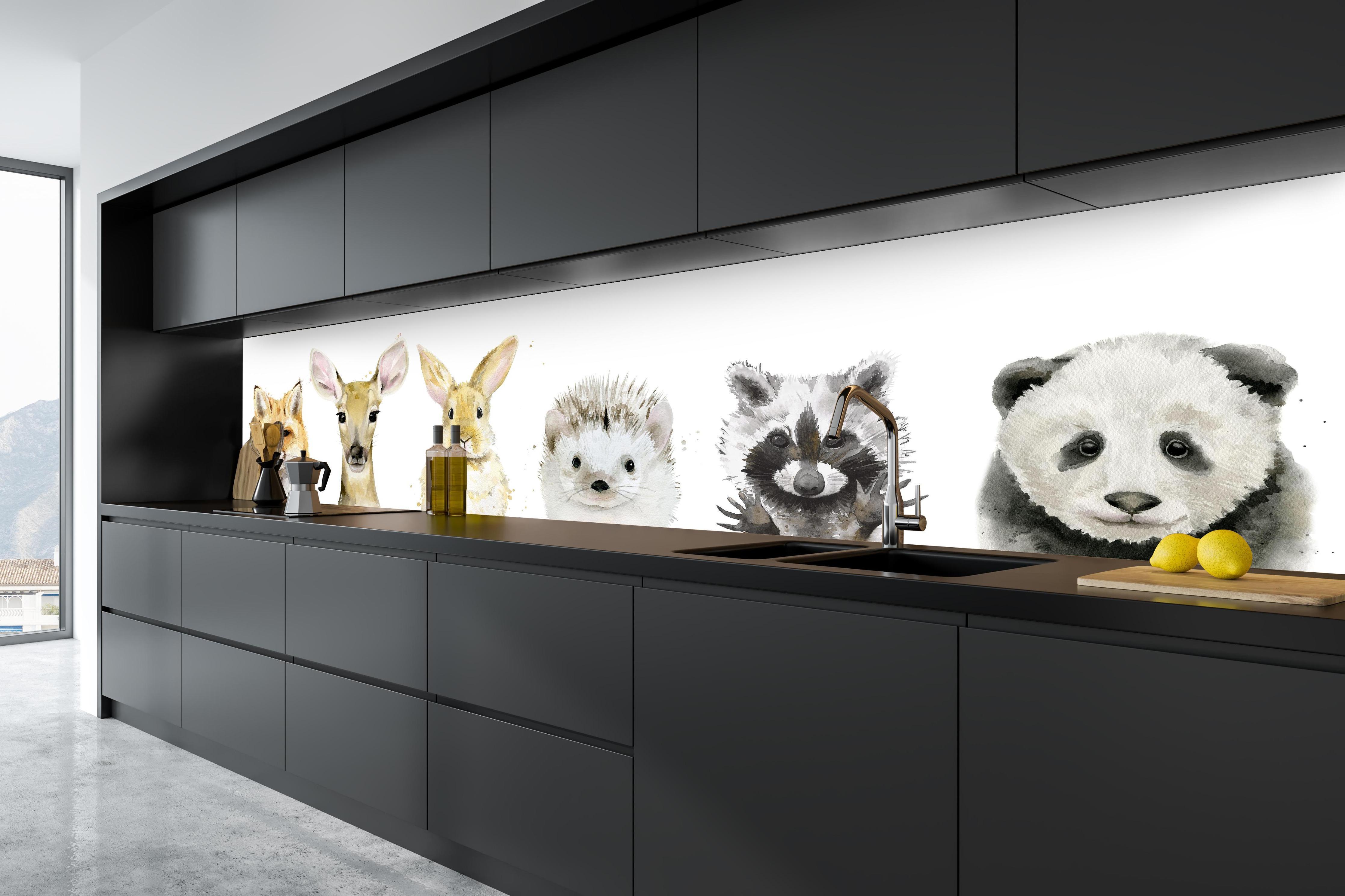 Küche - Aquarell-Tier-Set in tiefschwarzer matt-premium Einbauküche