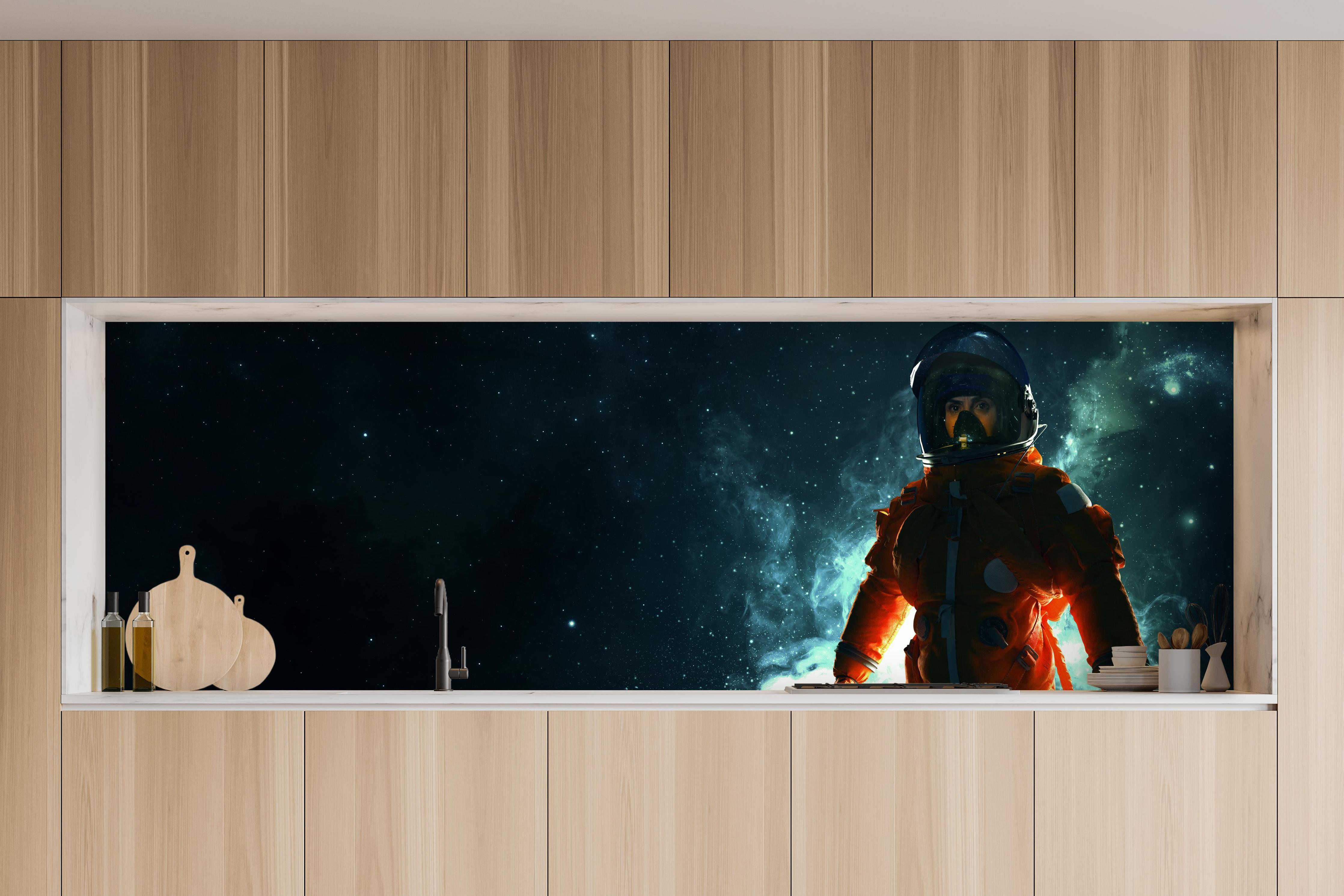 Küche - Astronaut im Weltraum in charakteristischer Vollholz-Küche mit modernem Gasherd