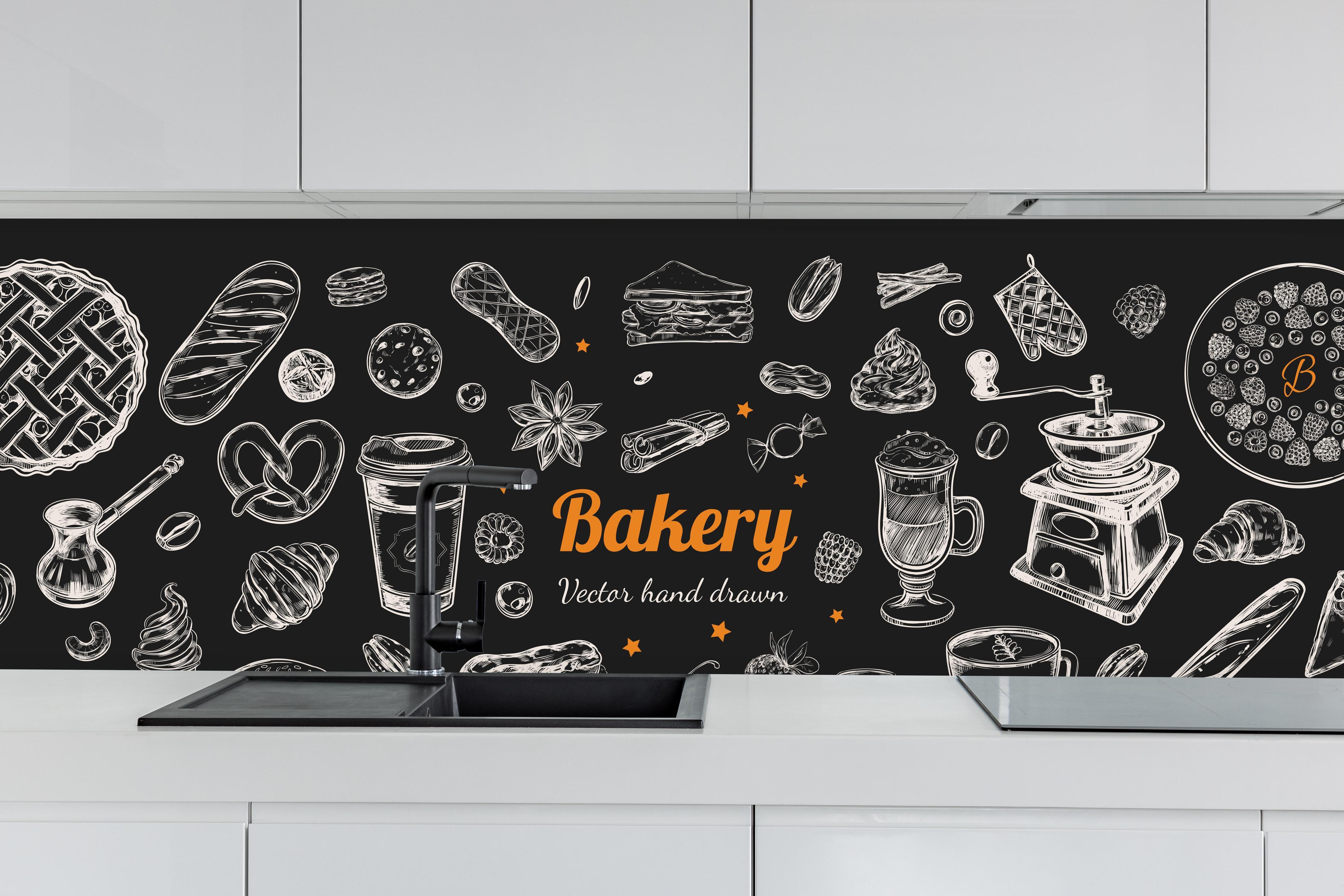 Küche - Bäckerei hinter weißen Hochglanz-Küchenregalen und schwarzem Wasserhahn