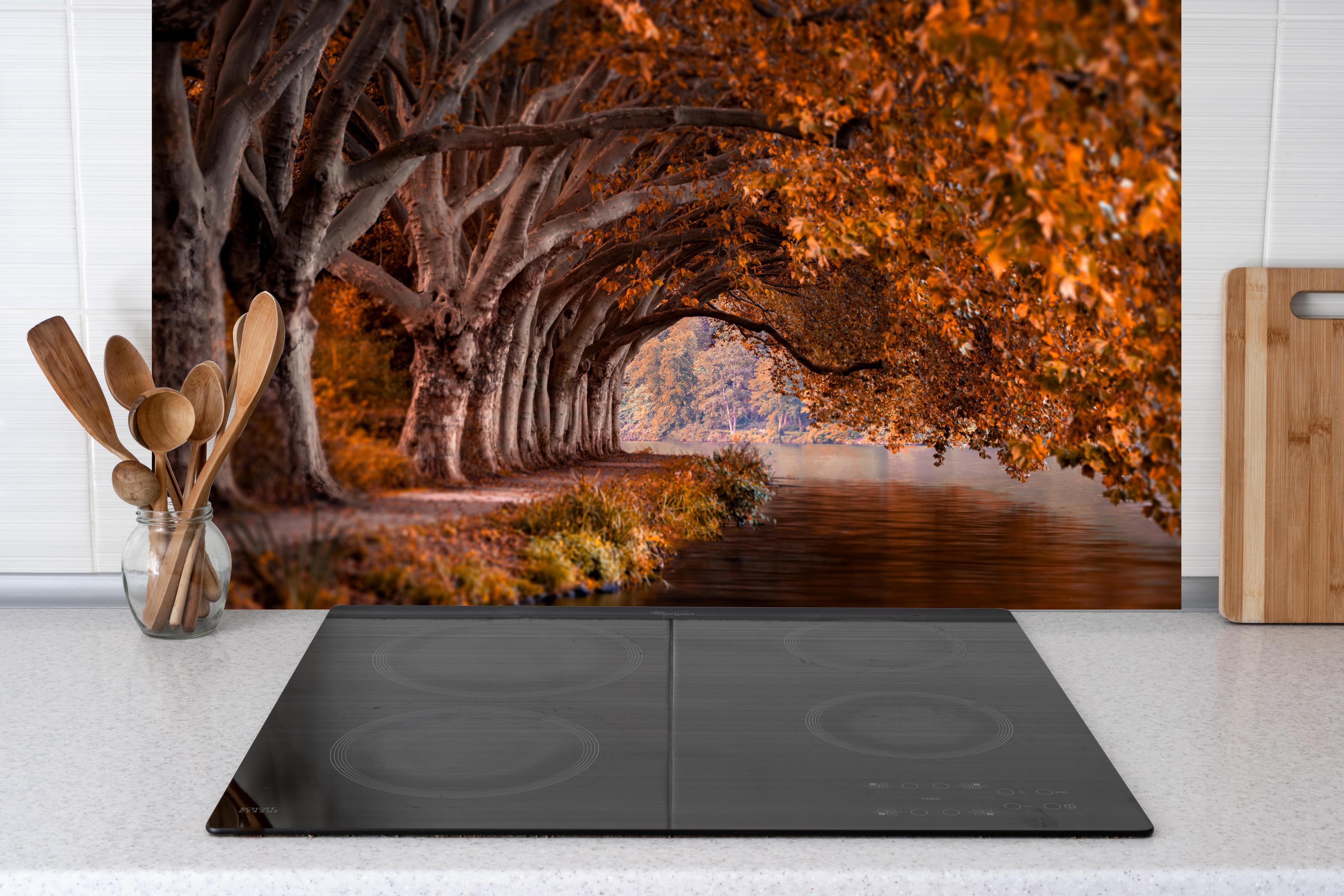 Küche - Baldeneysee in Essen im Herbst hinter Cerankochfeld und Holz-Kochutensilien