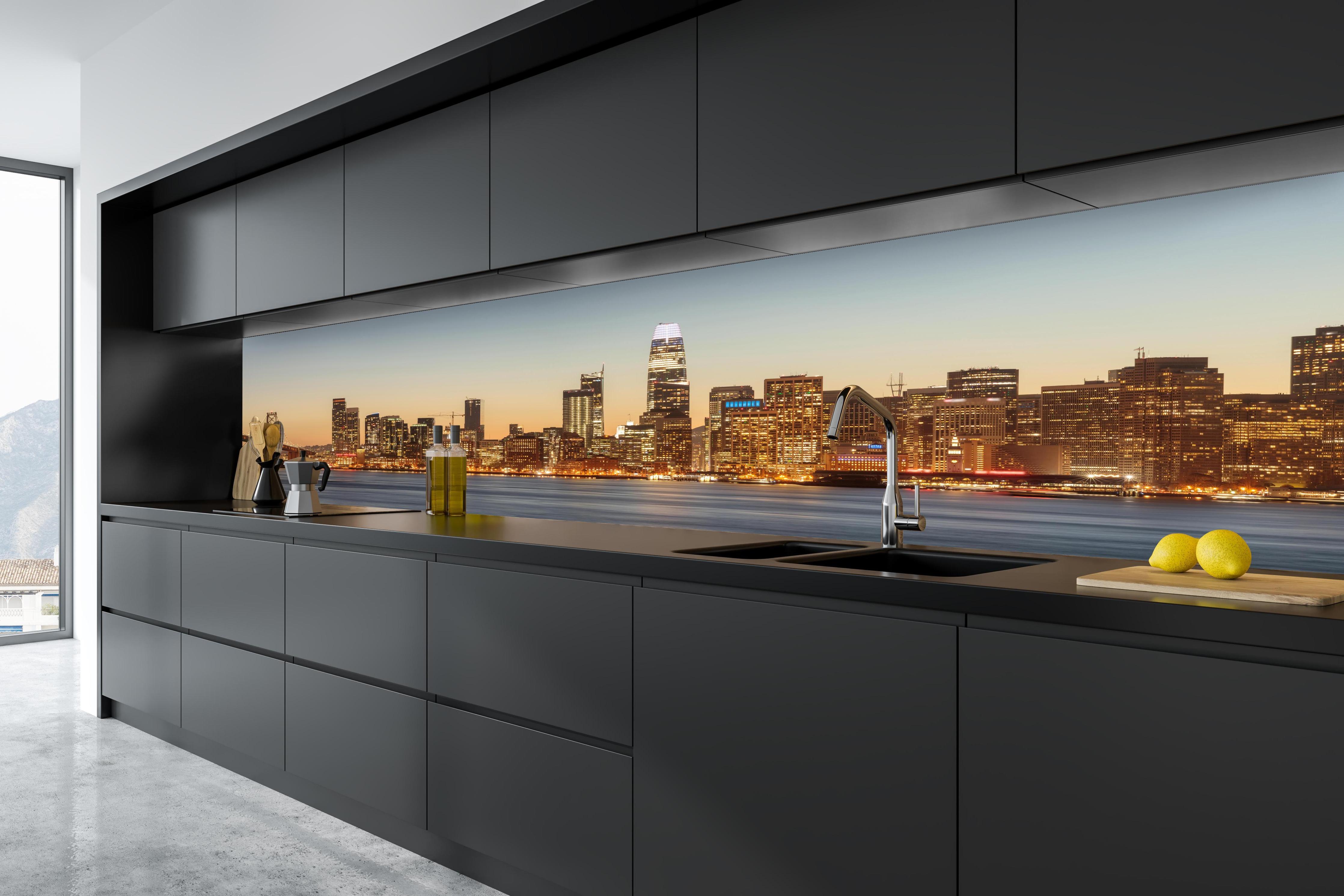 Küche - Bay Bridge und die Skyline von San Francisco in tiefschwarzer matt-premium Einbauküche