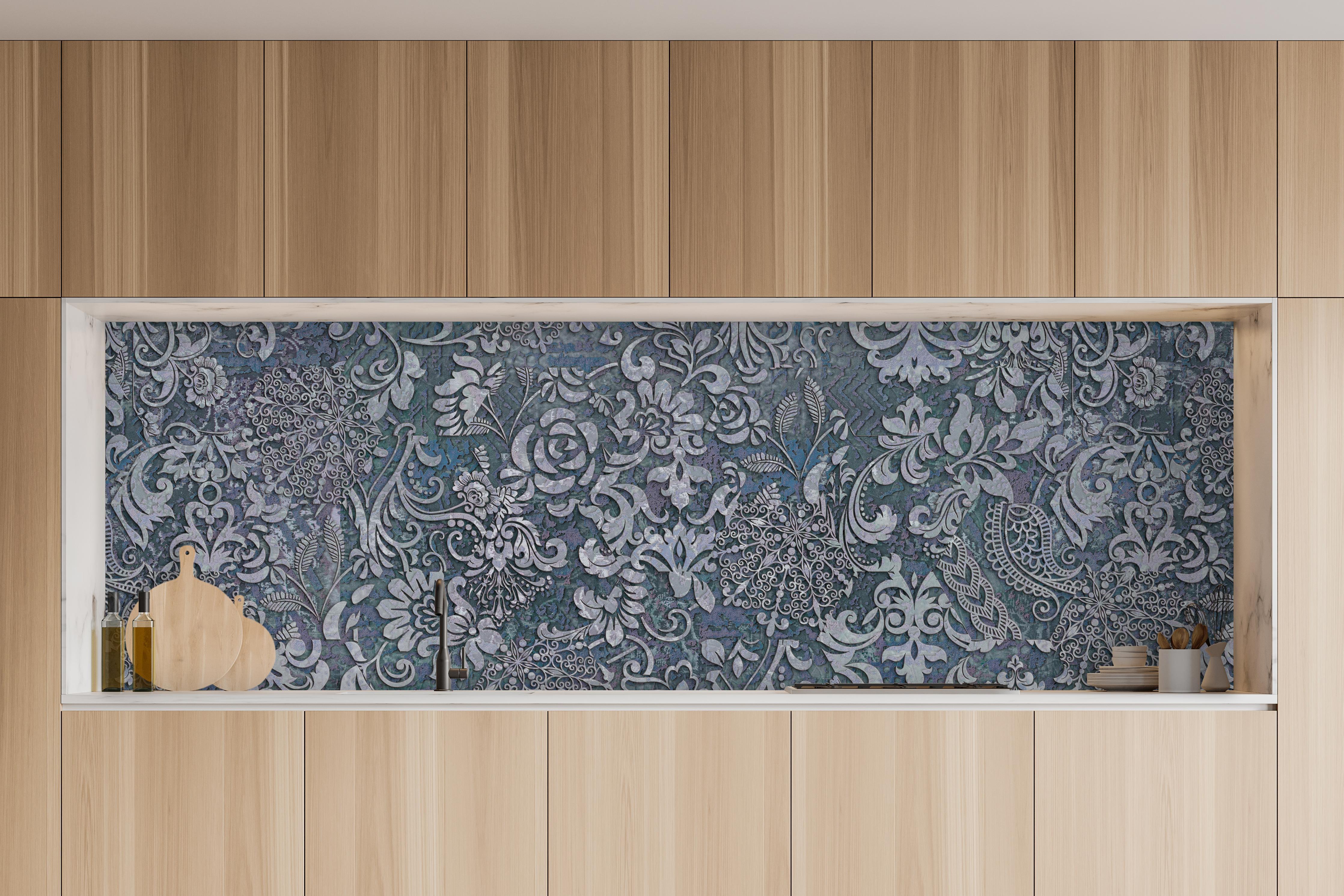 Küche - Blau-Grau Vintage Kunst in charakteristischer Vollholz-Küche mit modernem Gasherd