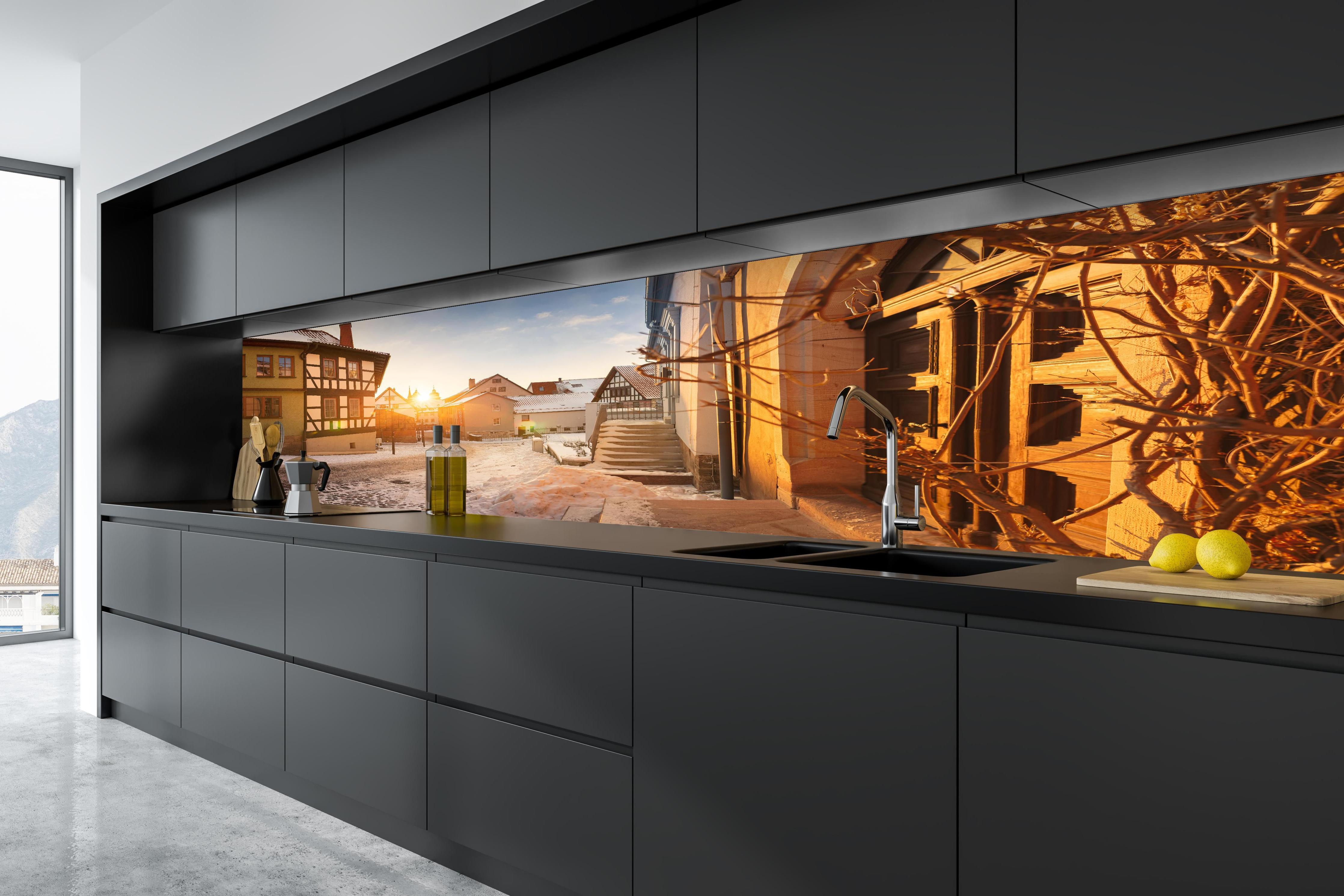 Küche - Blick auf Schmalkalden im Winter in tiefschwarzer matt-premium Einbauküche