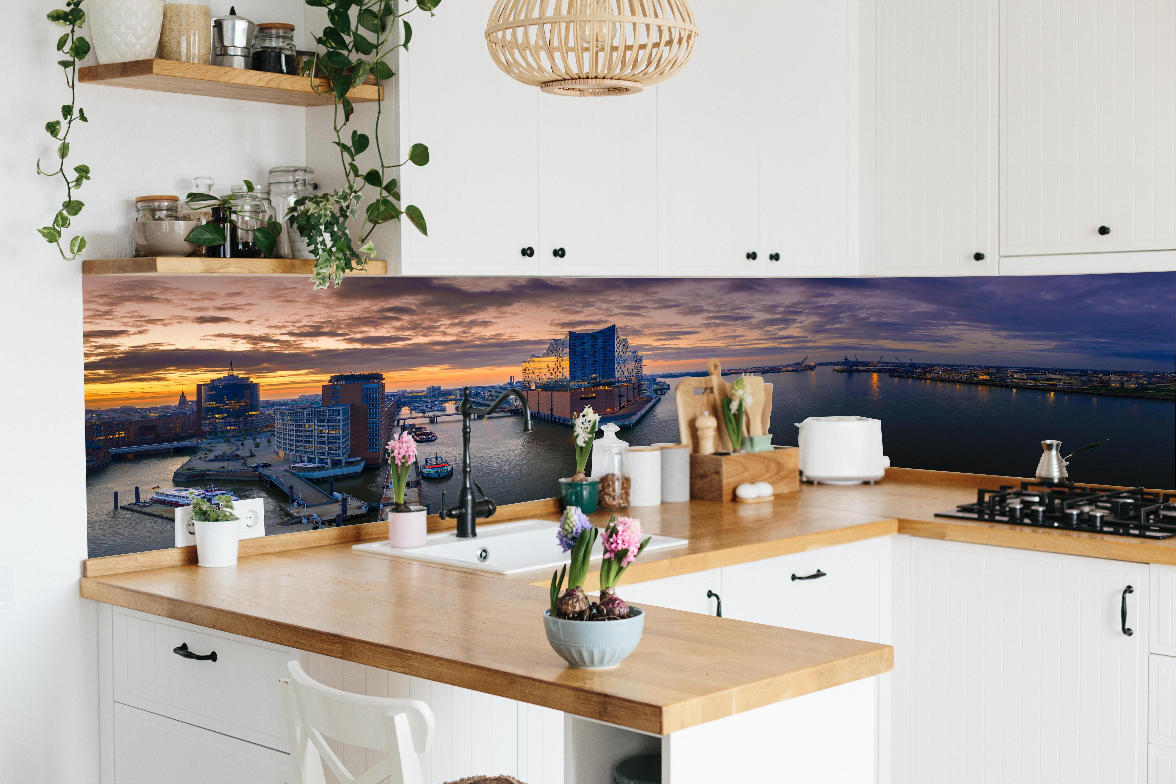 Küche - Blick auf die Elbphilharmonie - Hamburg in lebendiger Küche mit bunten Blumen