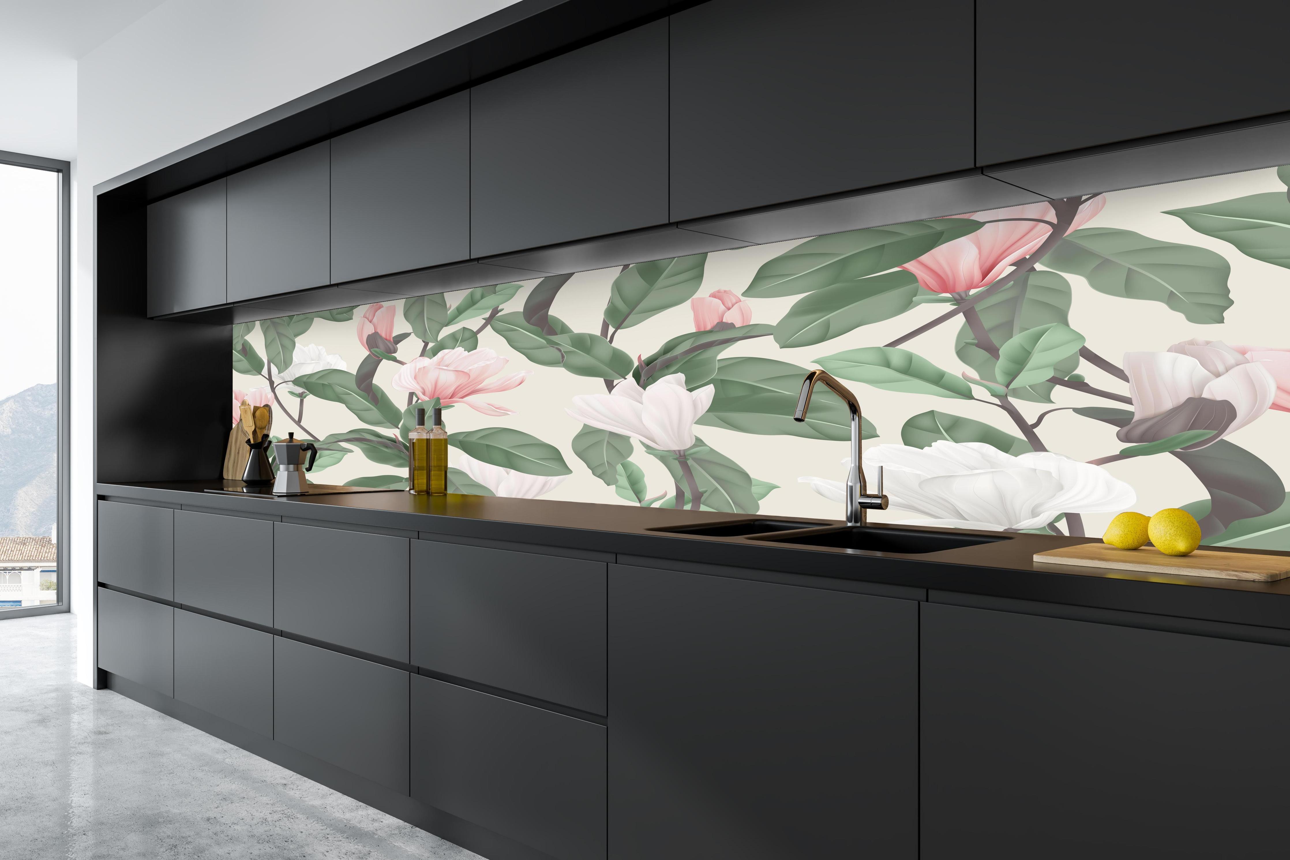 Küche - Blüten - wild & wunderschön in tiefschwarzer matt-premium Einbauküche