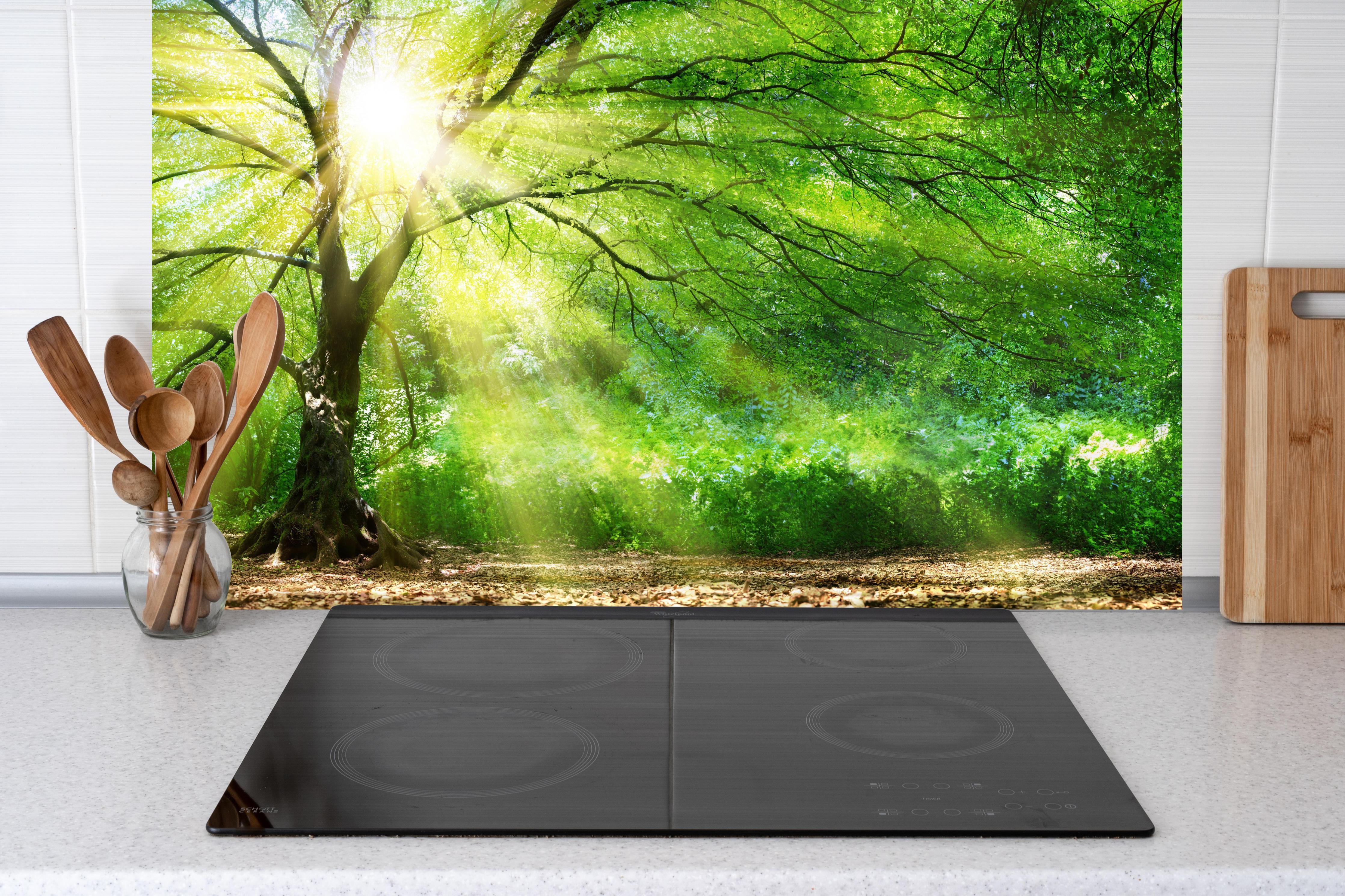 Küche - Energiegeladener Wald hinter Cerankochfeld und Holz-Kochutensilien