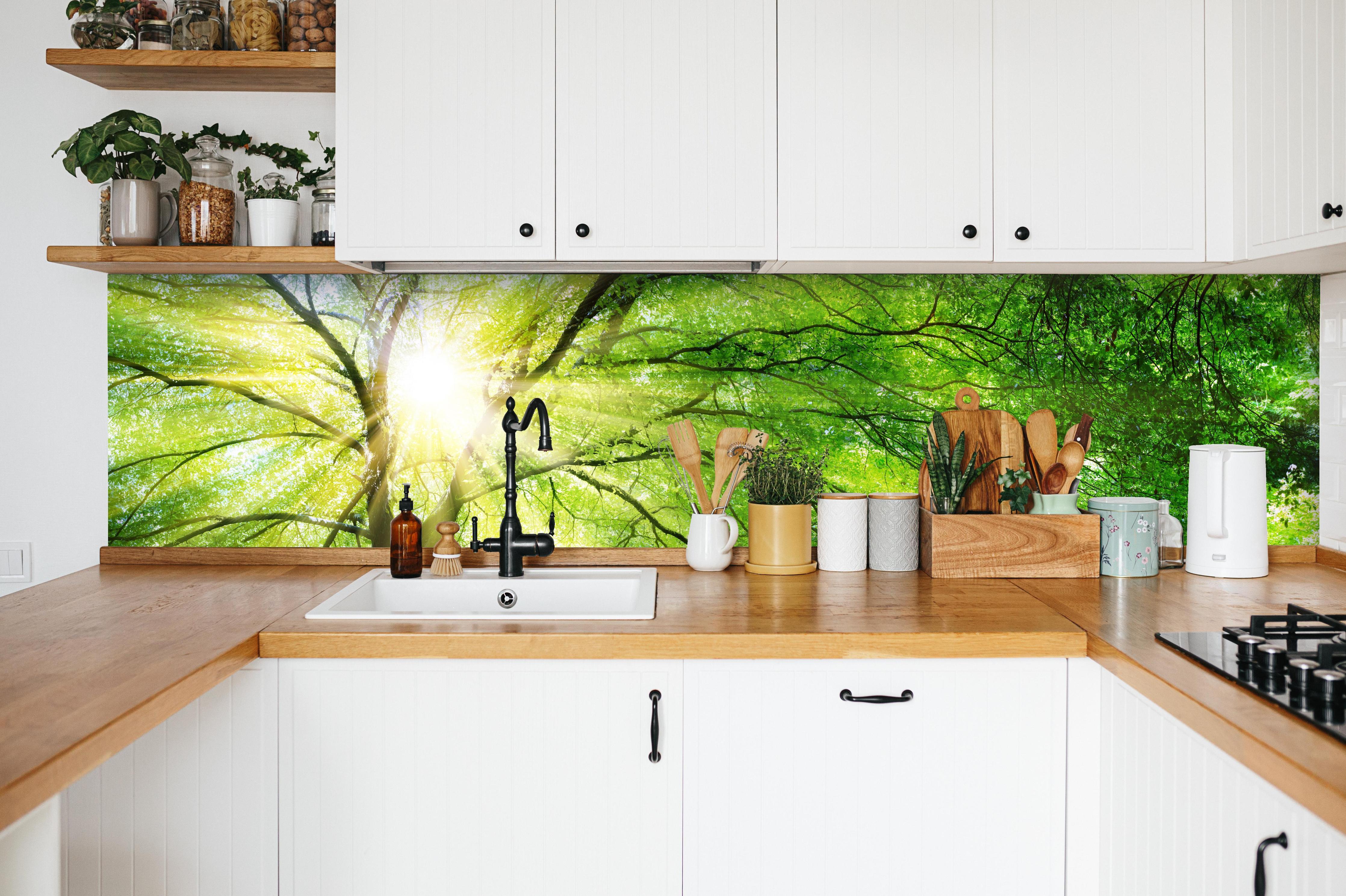 Küche - Energiegeladener Wald in weißer Küche hinter Gewürzen und Kochlöffeln aus Holz