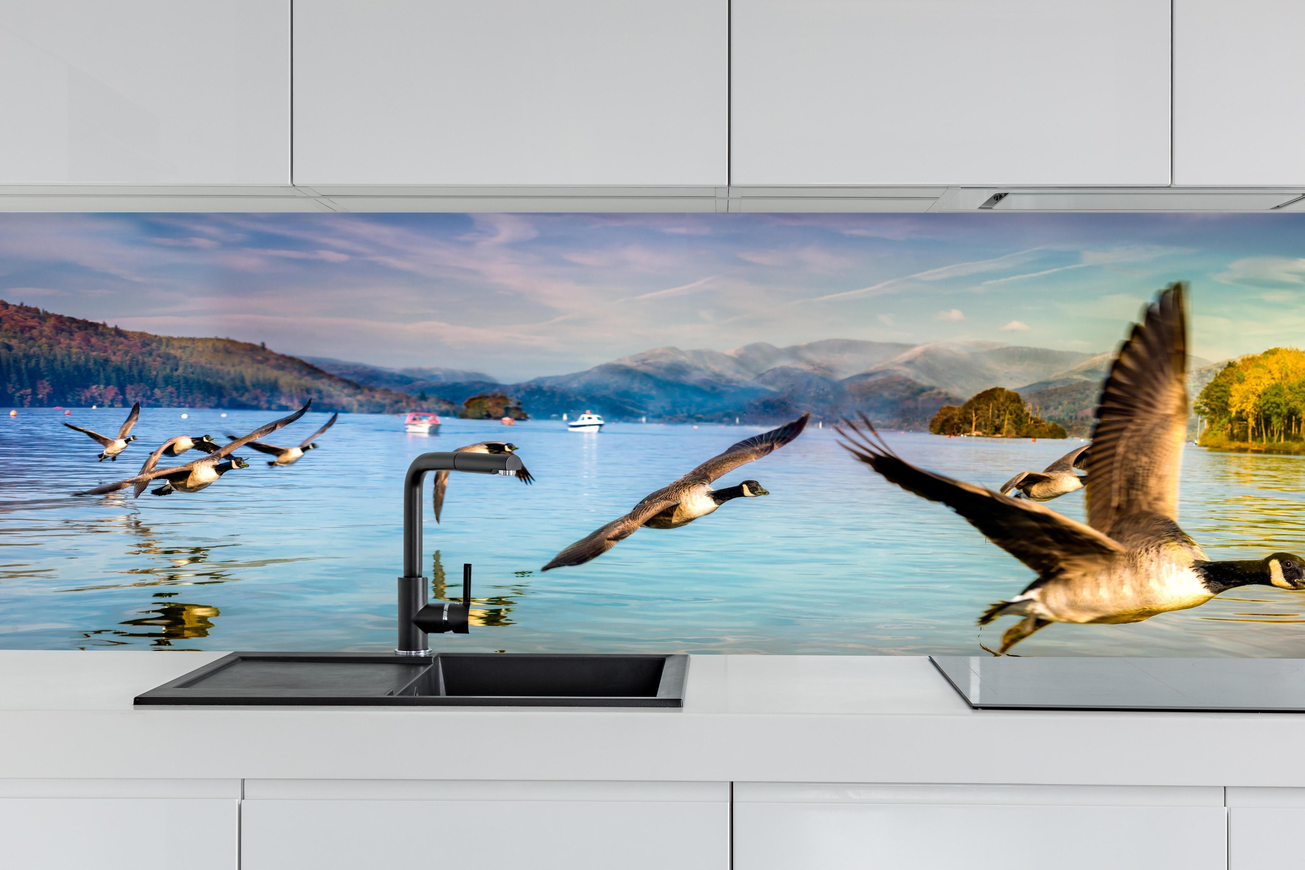 Küche - Entenschwarm am Lake Windermere hinter weißen Hochglanz-Küchenregalen und schwarzem Wasserhahn