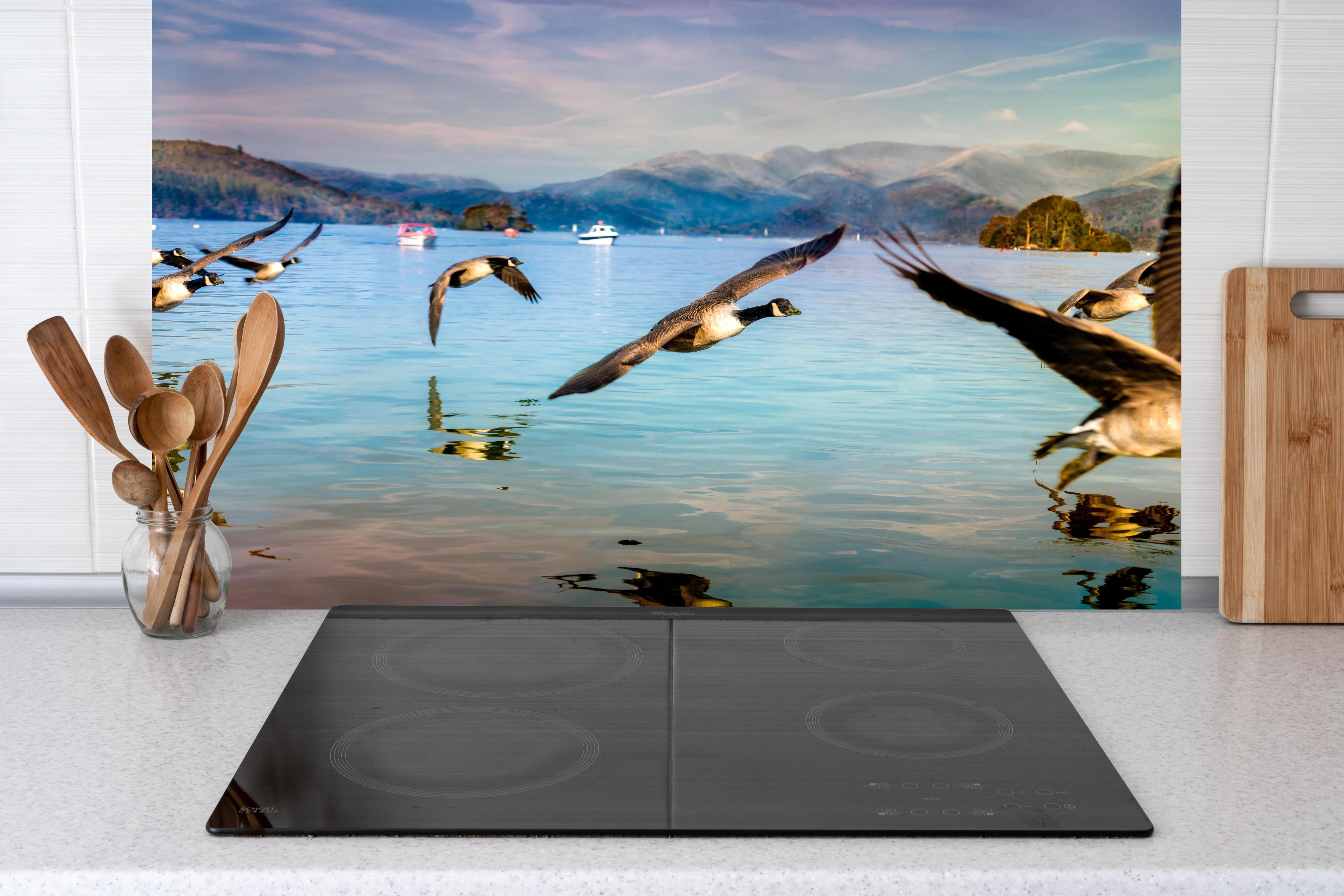 Küche - Entenschwarm am Lake Windermere hinter Cerankochfeld und Holz-Kochutensilien