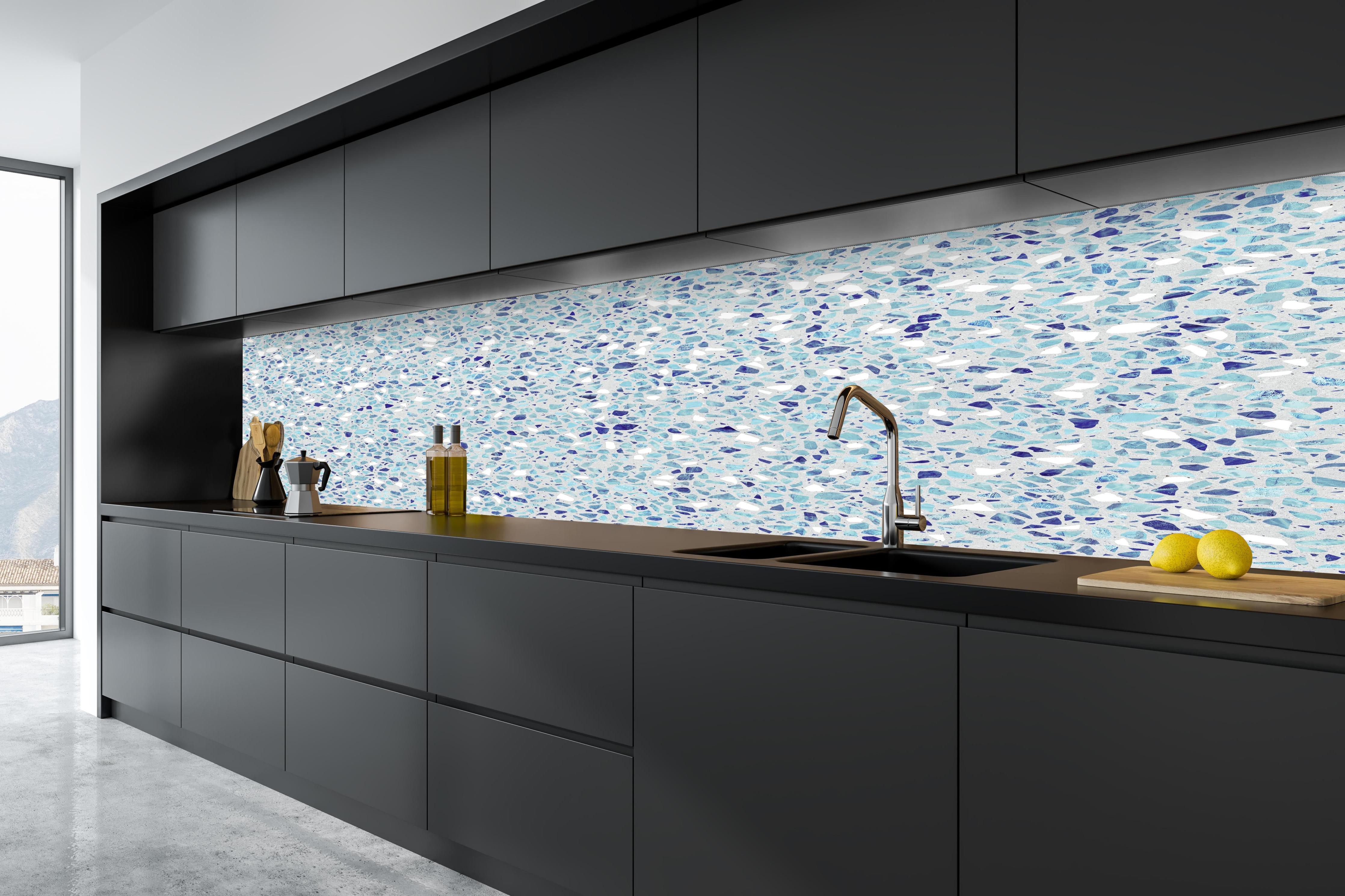 Küche - Farbige Terrazzo Stein Textur in tiefschwarzer matt-premium Einbauküche