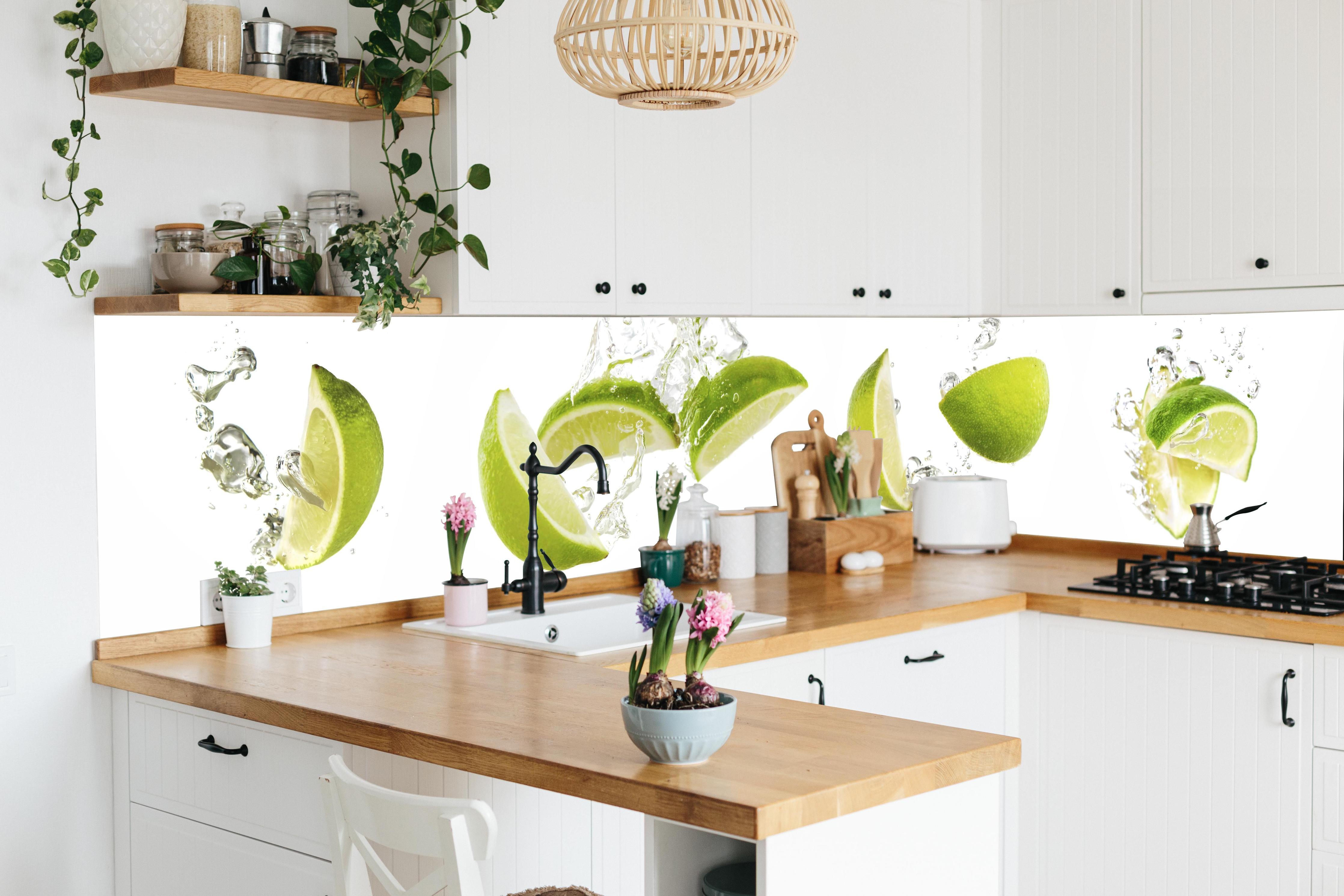 Küche - Frische Limette in Wasser in lebendiger Küche mit bunten Blumen