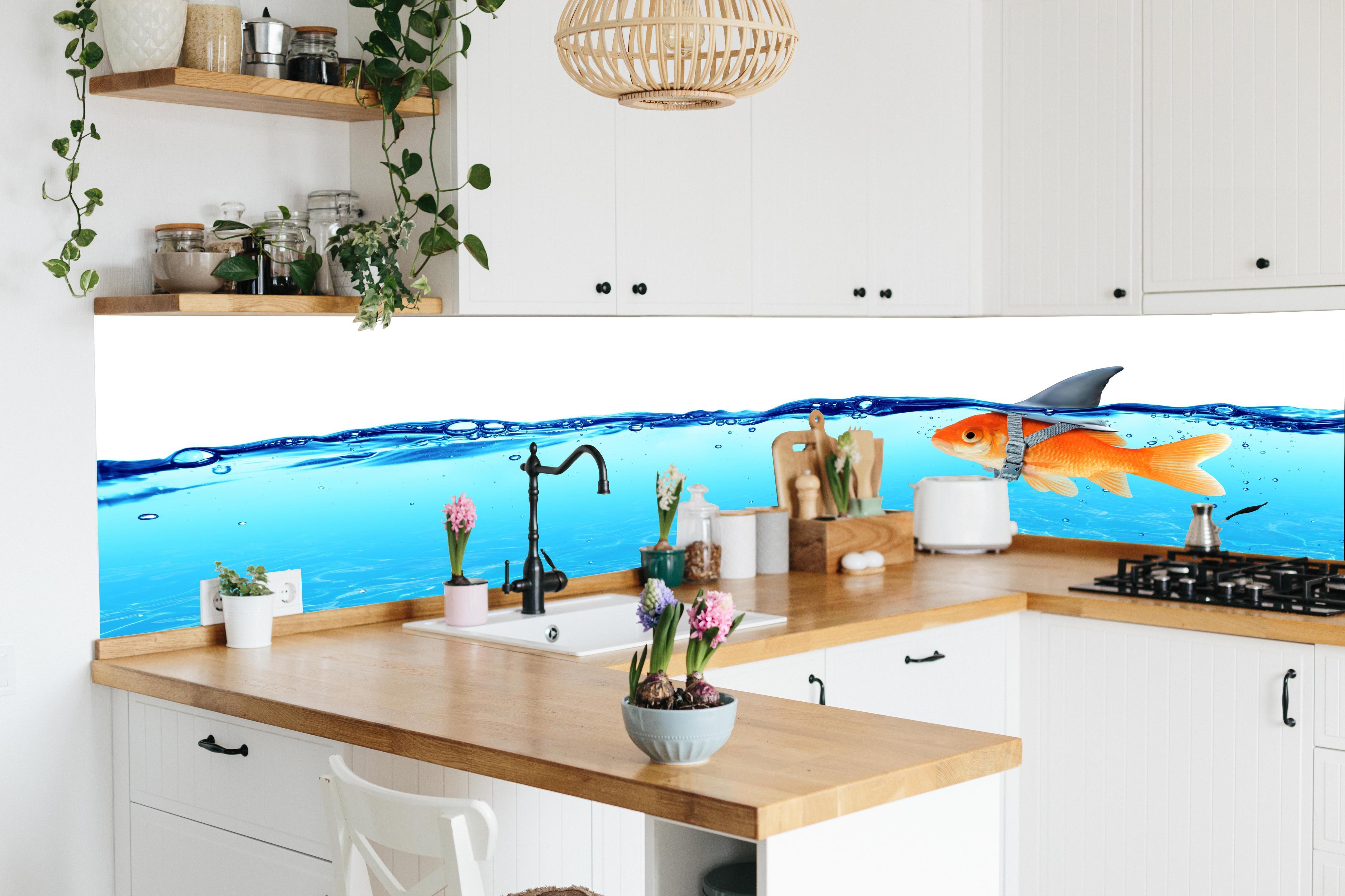 Küche - Goldfisch als Hai in lebendiger Küche mit bunten Blumen