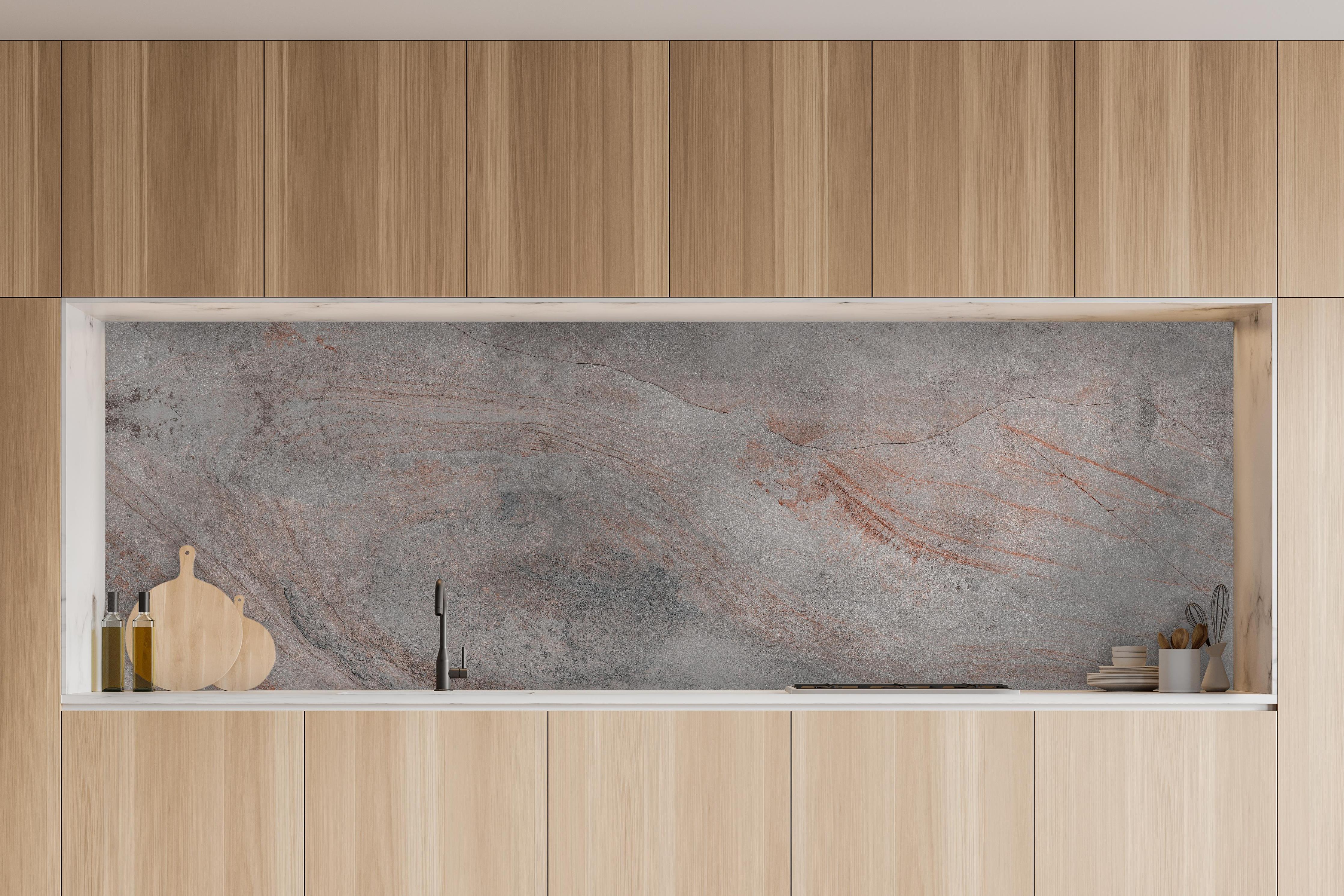 Küche - Gräuliche Vintage Marmor Textur in charakteristischer Vollholz-Küche mit modernem Gasherd