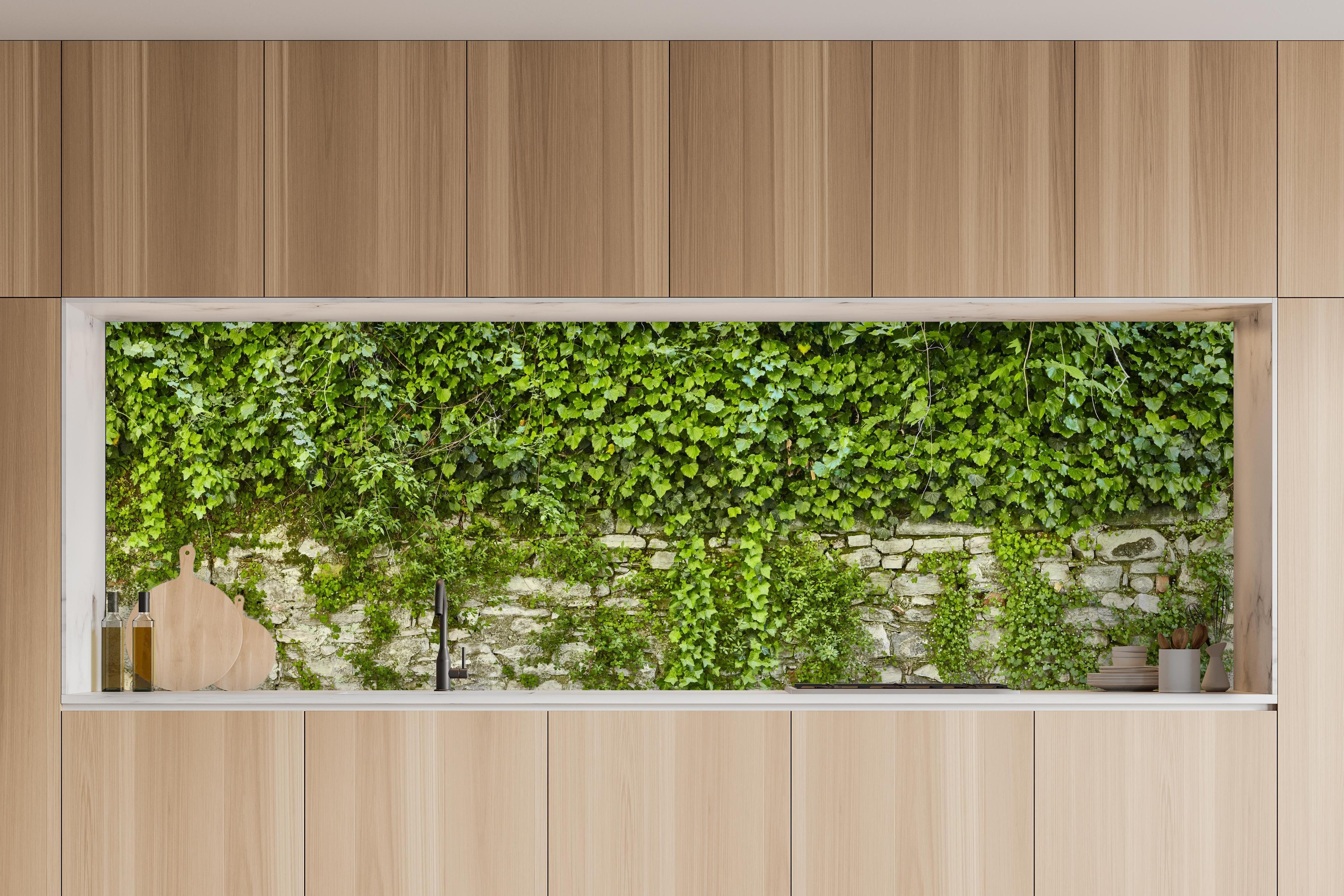 Küche - Grün überwucherte Burgmauer in charakteristischer Vollholz-Küche mit modernem Gasherd