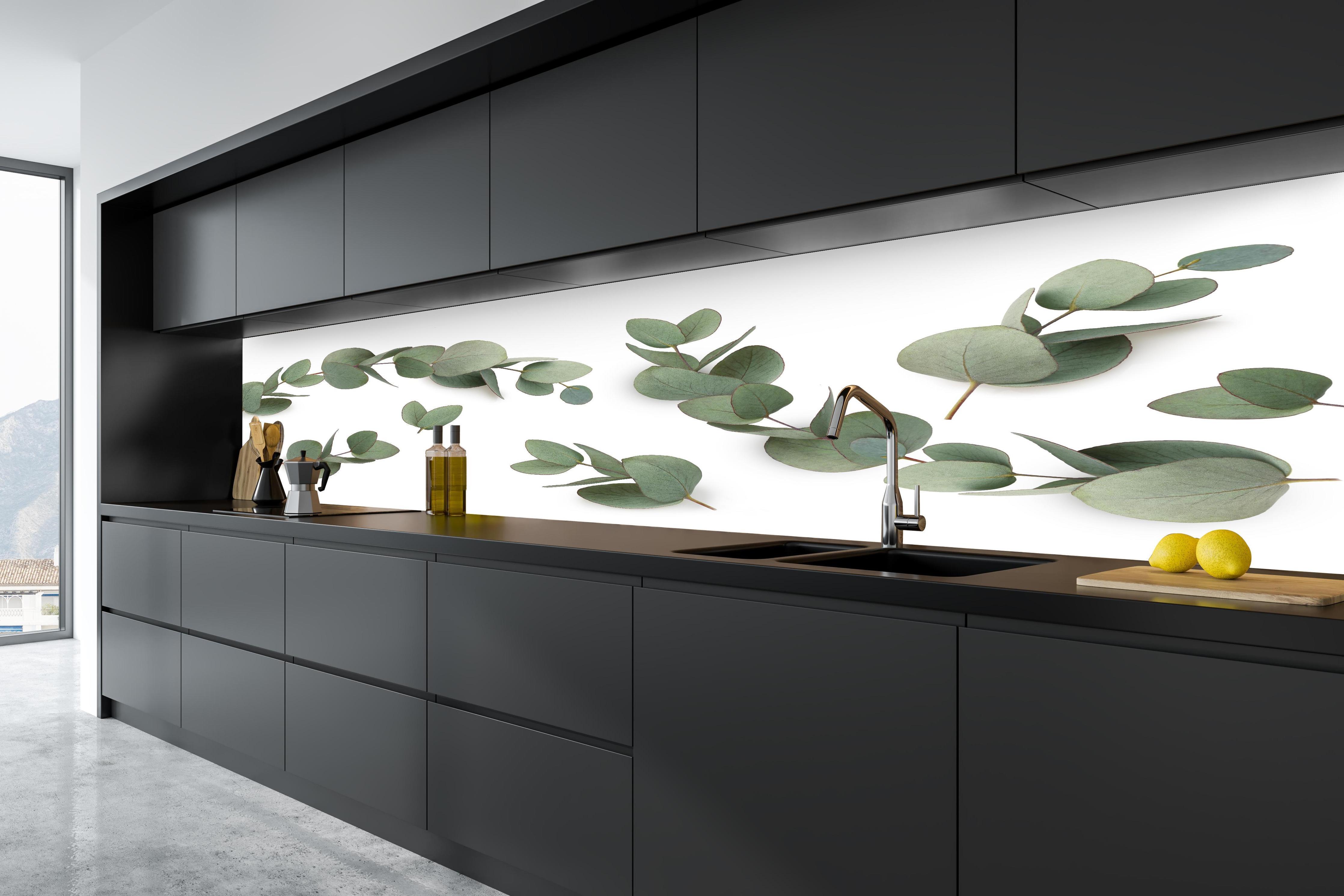 Küche - Grüne Eukalyptus Blätter in tiefschwarzer matt-premium Einbauküche