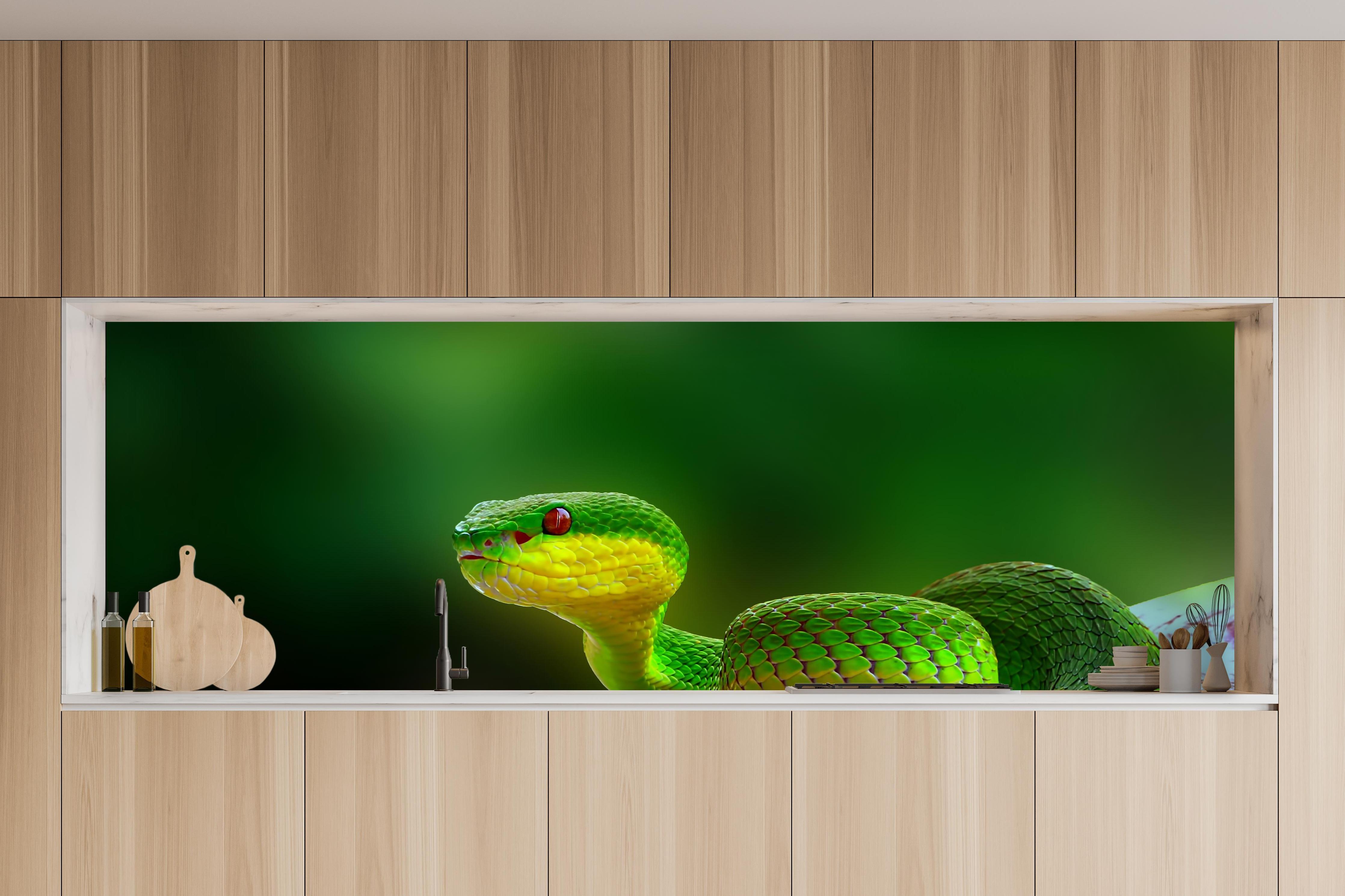 Küche - Grüne Inselvipernatter in charakteristischer Vollholz-Küche mit modernem Gasherd