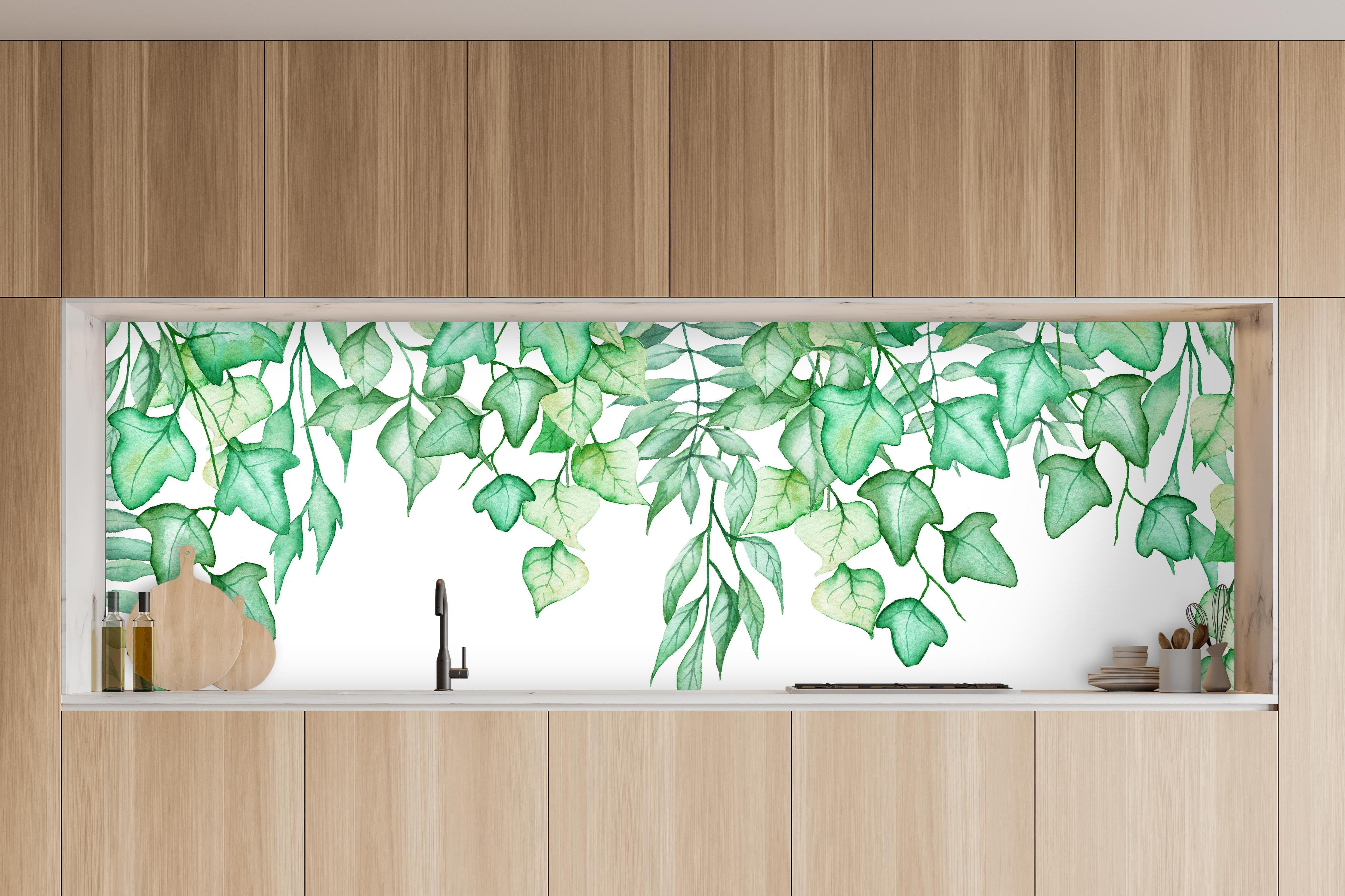 Küche - Handgezeichneten Aquarellblättern und Efeu in charakteristischer Vollholz-Küche mit modernem Gasherd