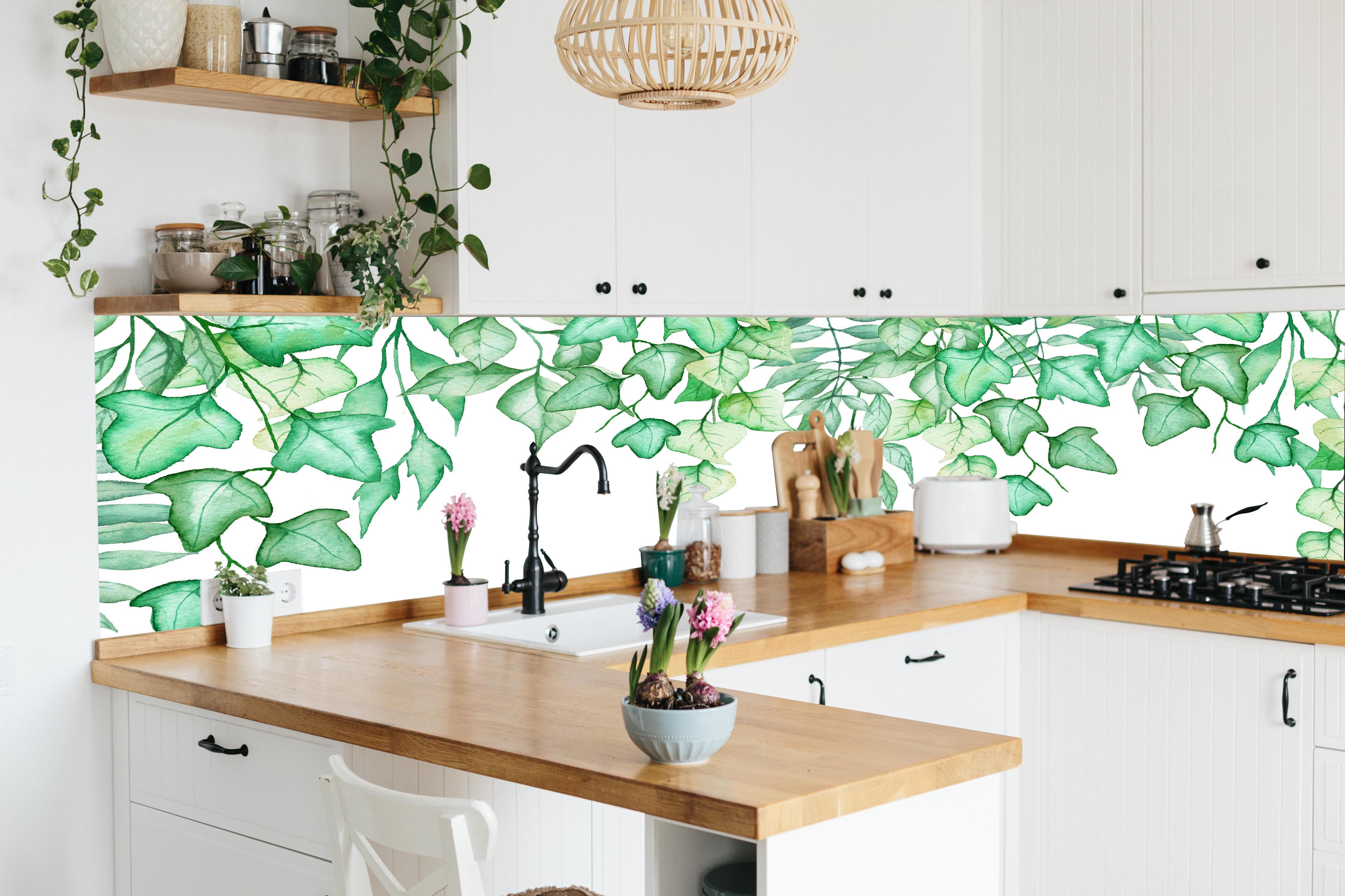 Küche - Handgezeichneten Aquarellblättern und Efeu in lebendiger Küche mit bunten Blumen