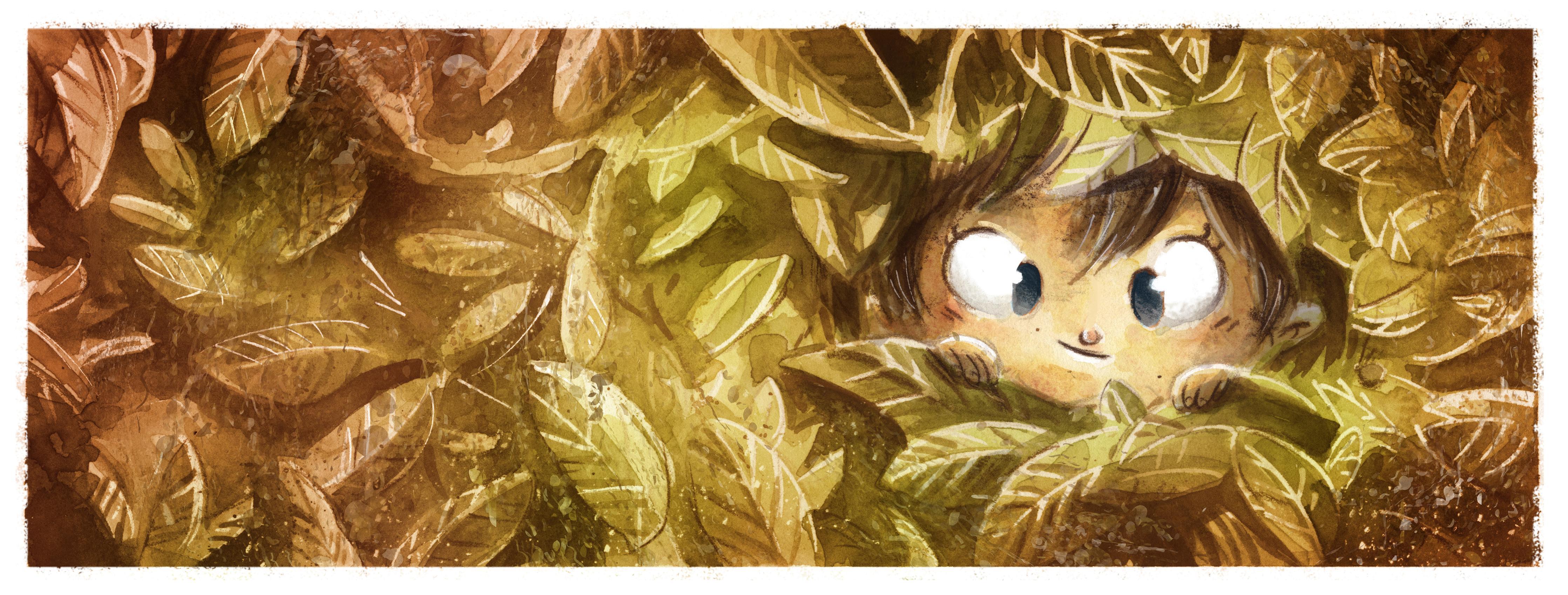 Küchenrückwand-Kind versteckt sich zwischen den Blättern im Wald