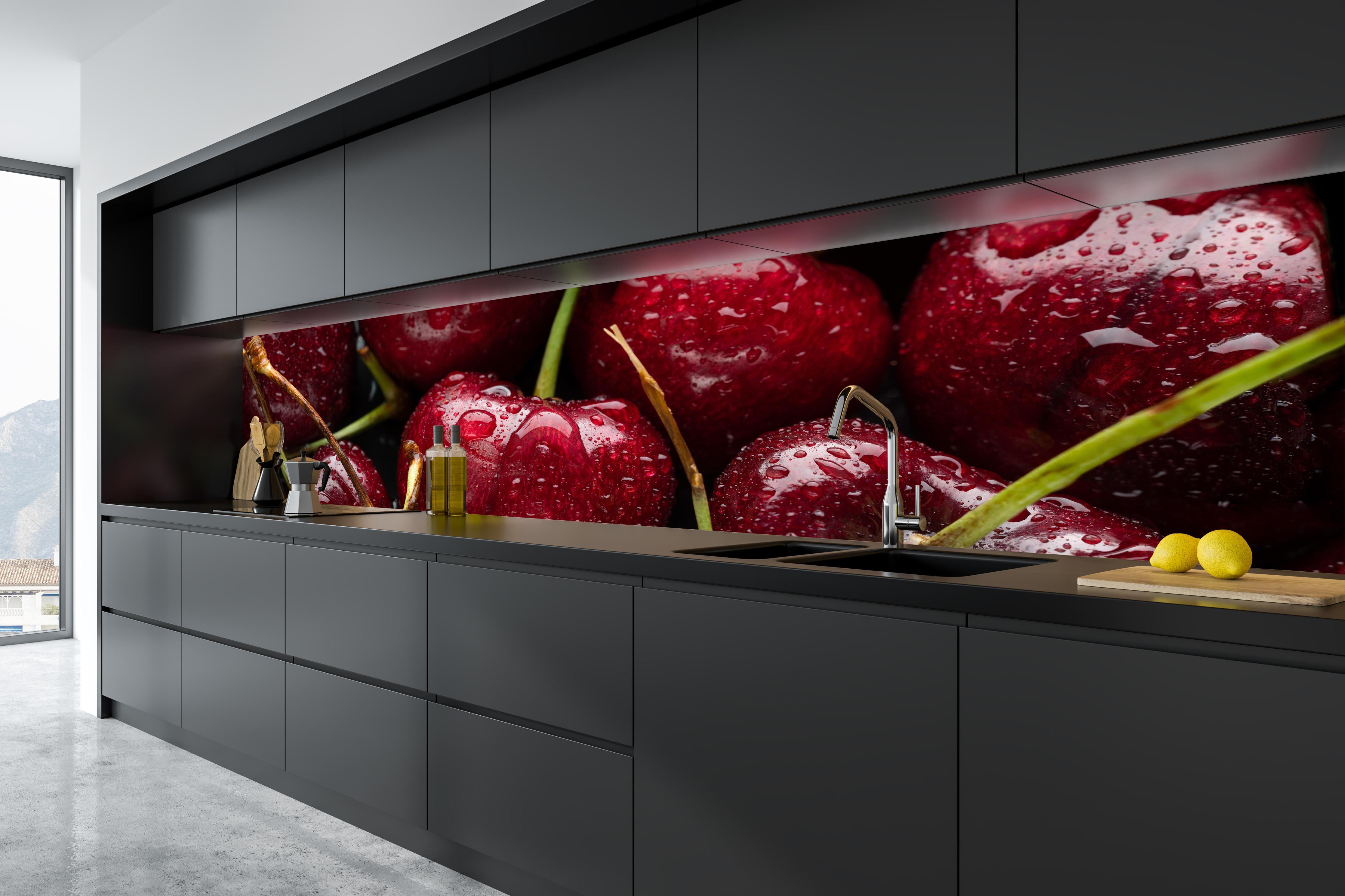 Küche - Kirschen mit Wasserperlen in tiefschwarzer matt-premium Einbauküche