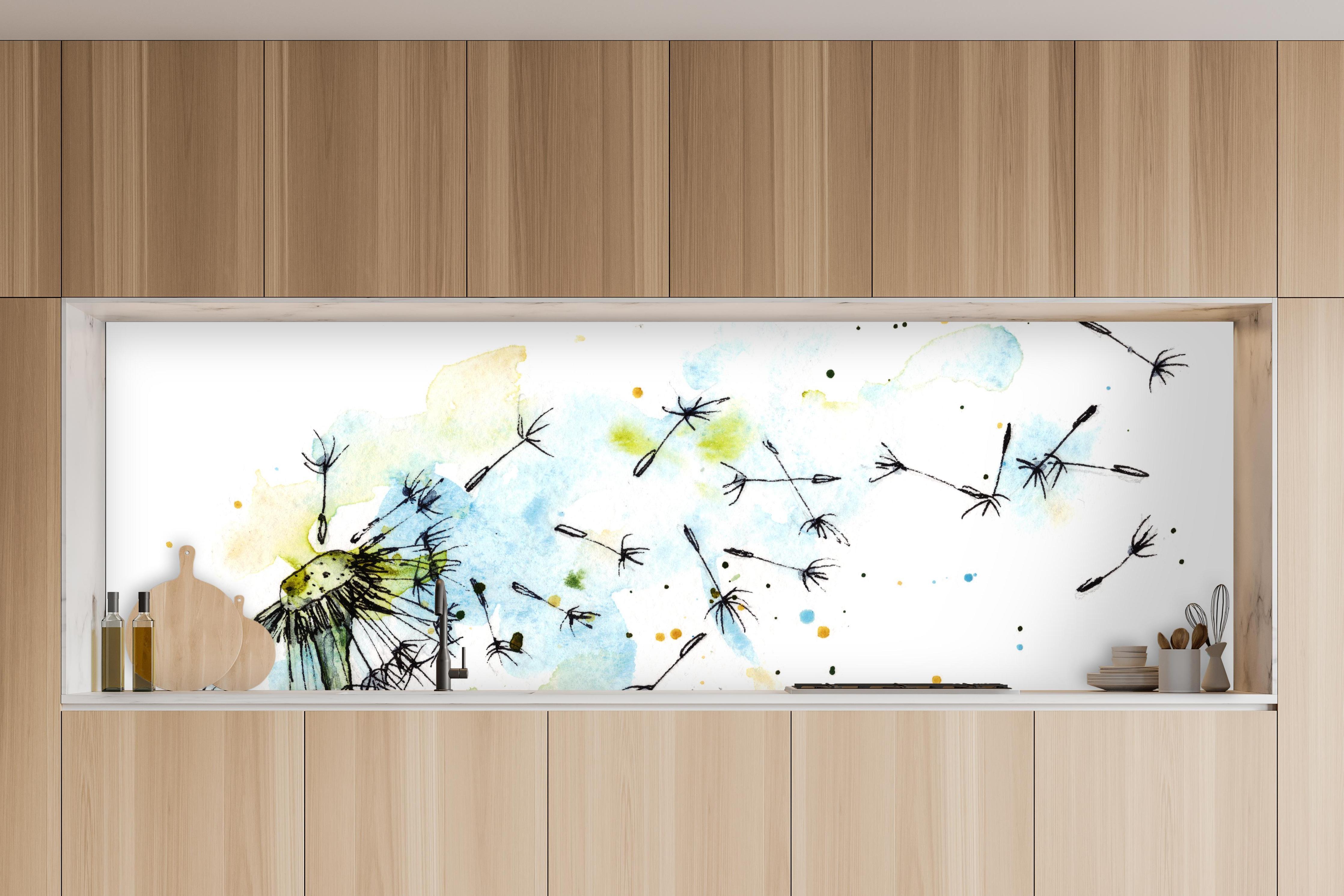 Küche - Löwenzahn Aquarell in charakteristischer Vollholz-Küche mit modernem Gasherd