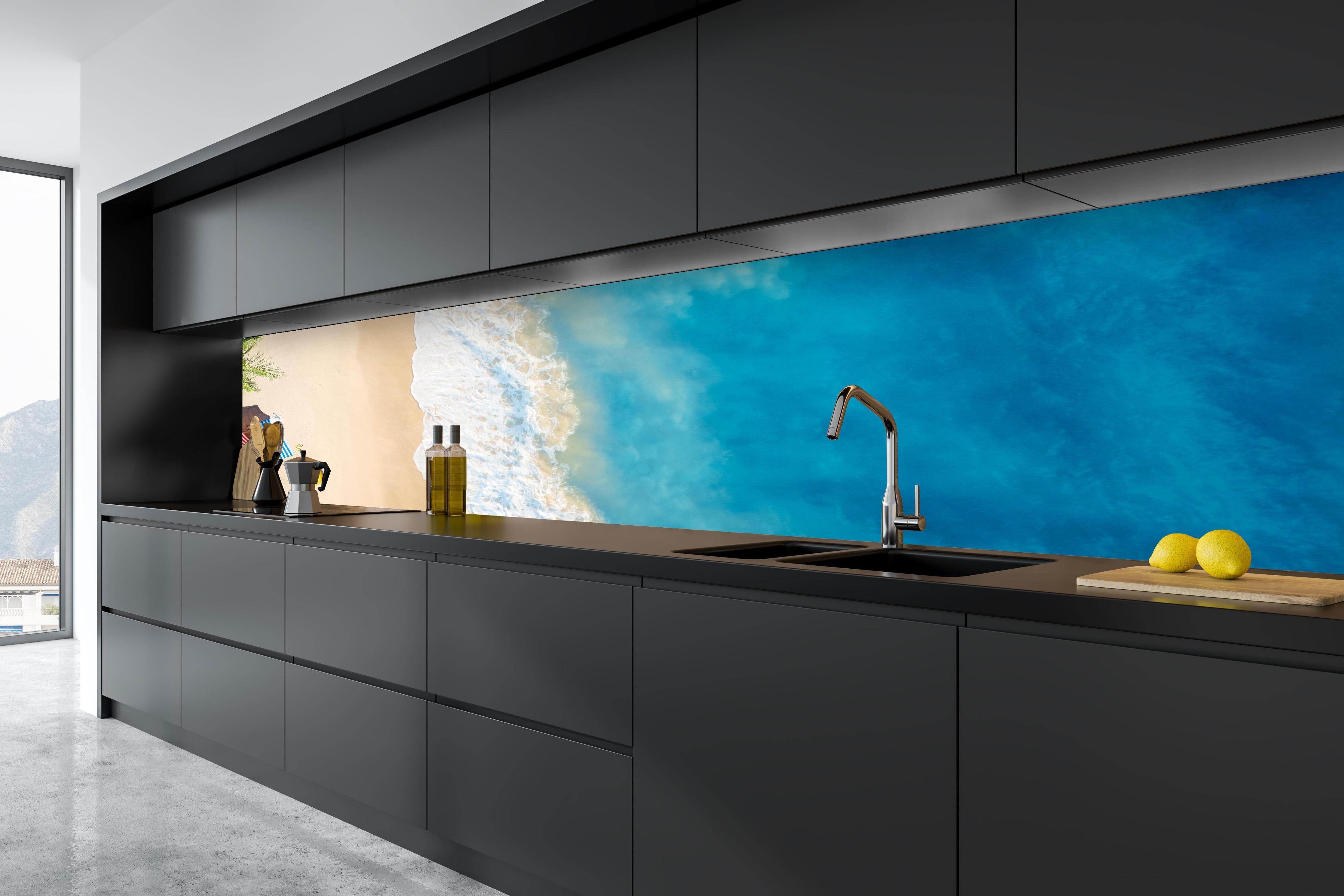 Küche - Luftaufnahme von Regenschirm in tiefschwarzer matt-premium Einbauküche