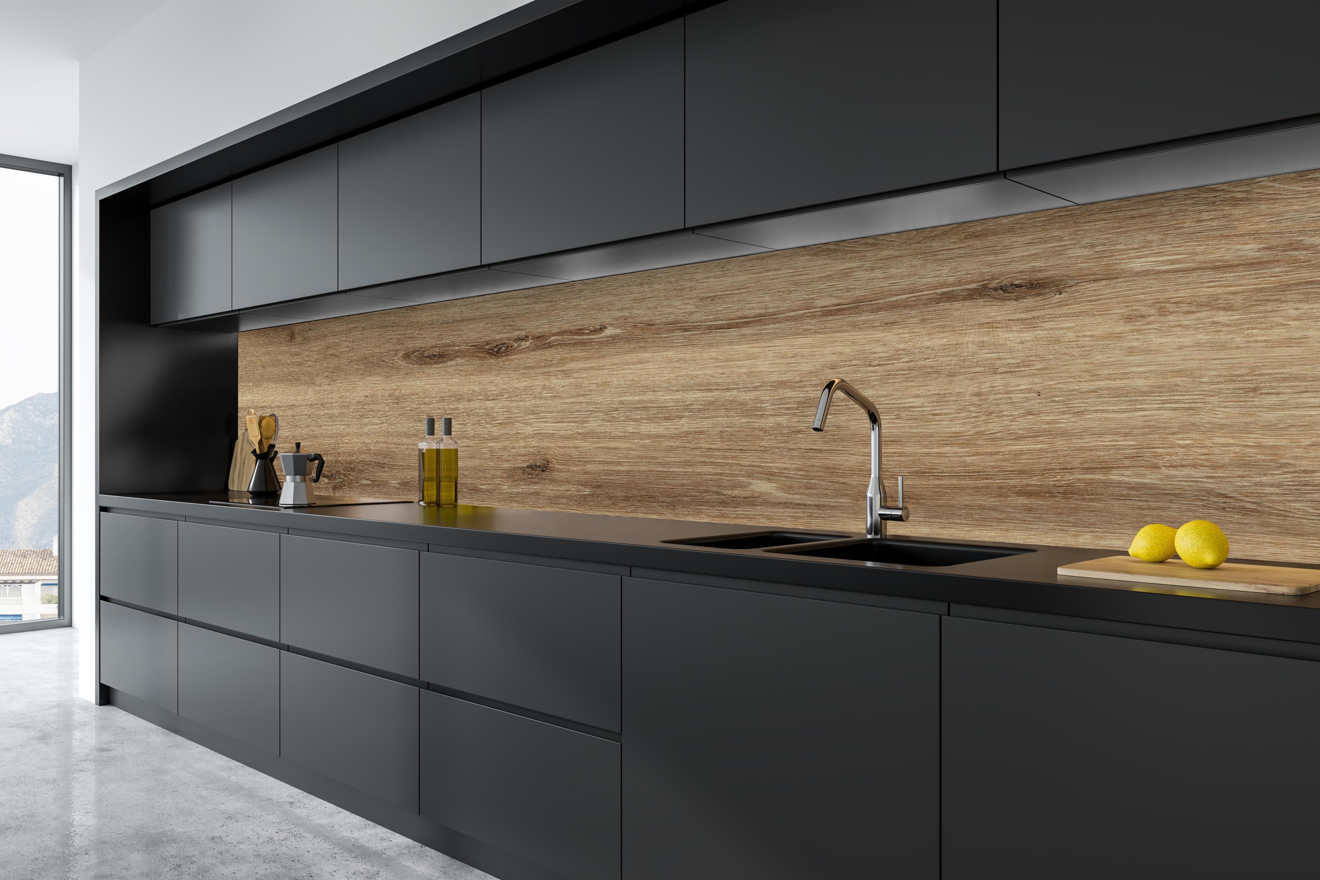 Küche - Naturbraune Altholztextur 1 in tiefschwarzer matt-premium Einbauküche