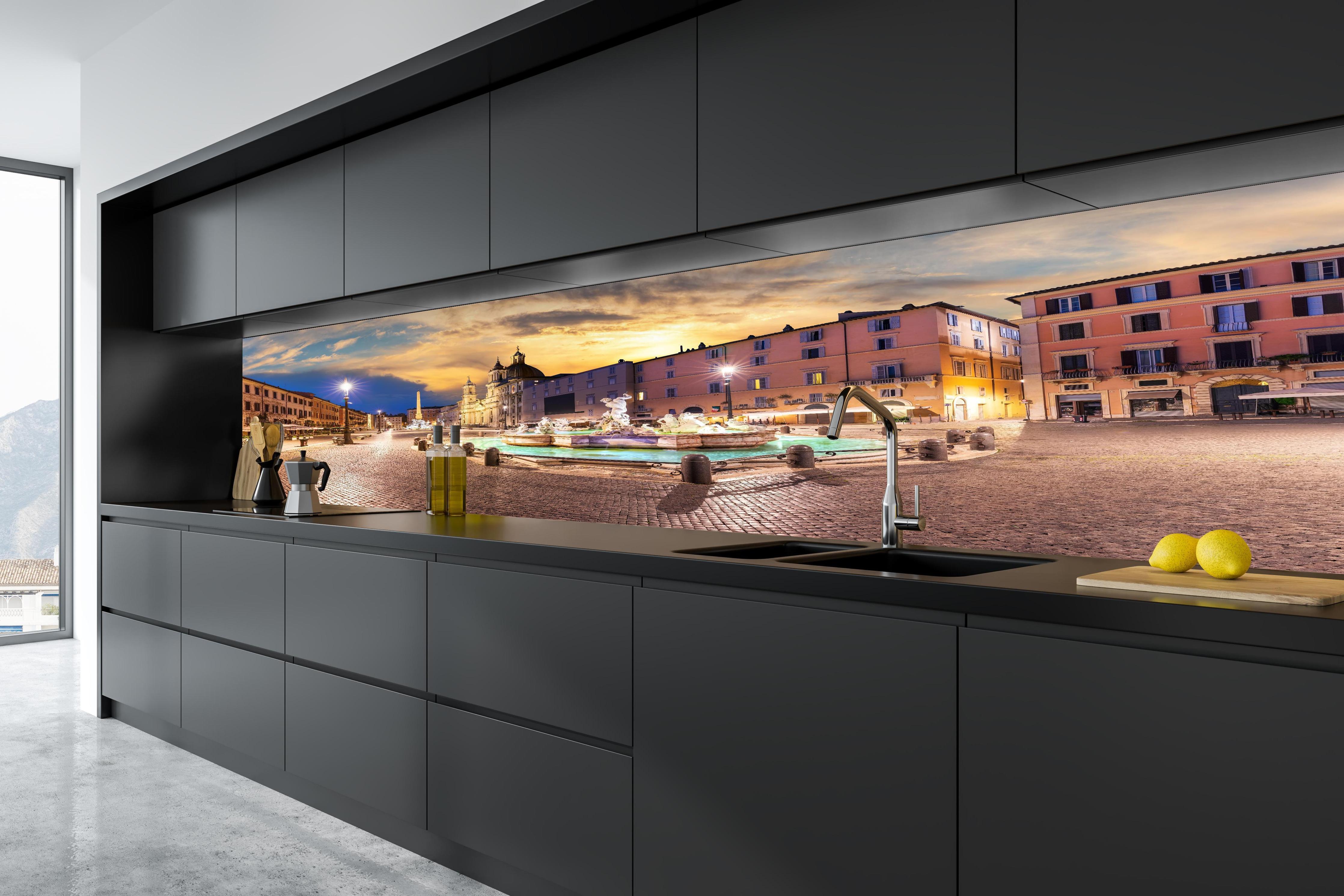 Küche - Neptunbrunnen auf der Piazza Navona in tiefschwarzer matt-premium Einbauküche