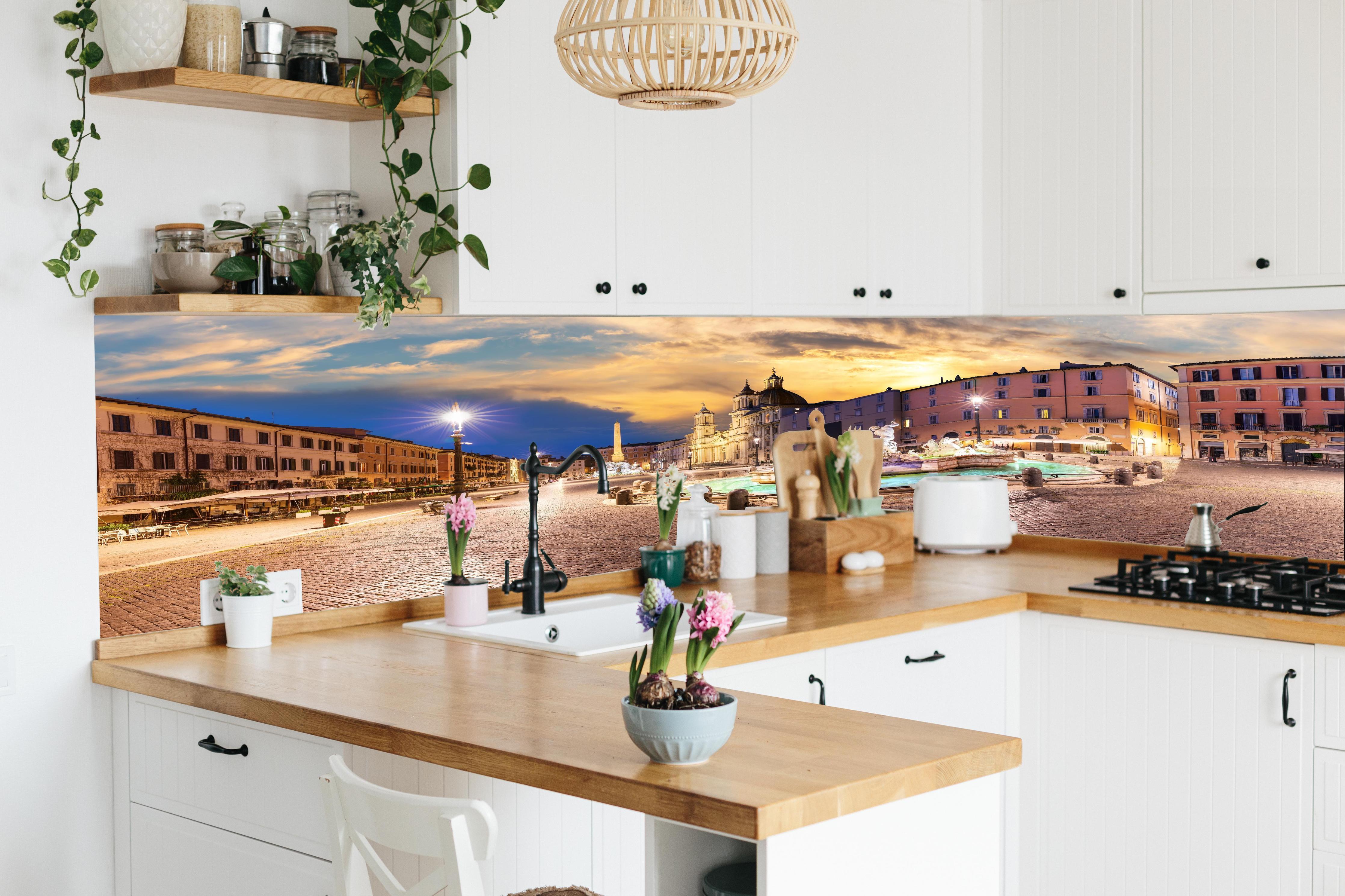 Küche - Neptunbrunnen auf der Piazza Navona in lebendiger Küche mit bunten Blumen