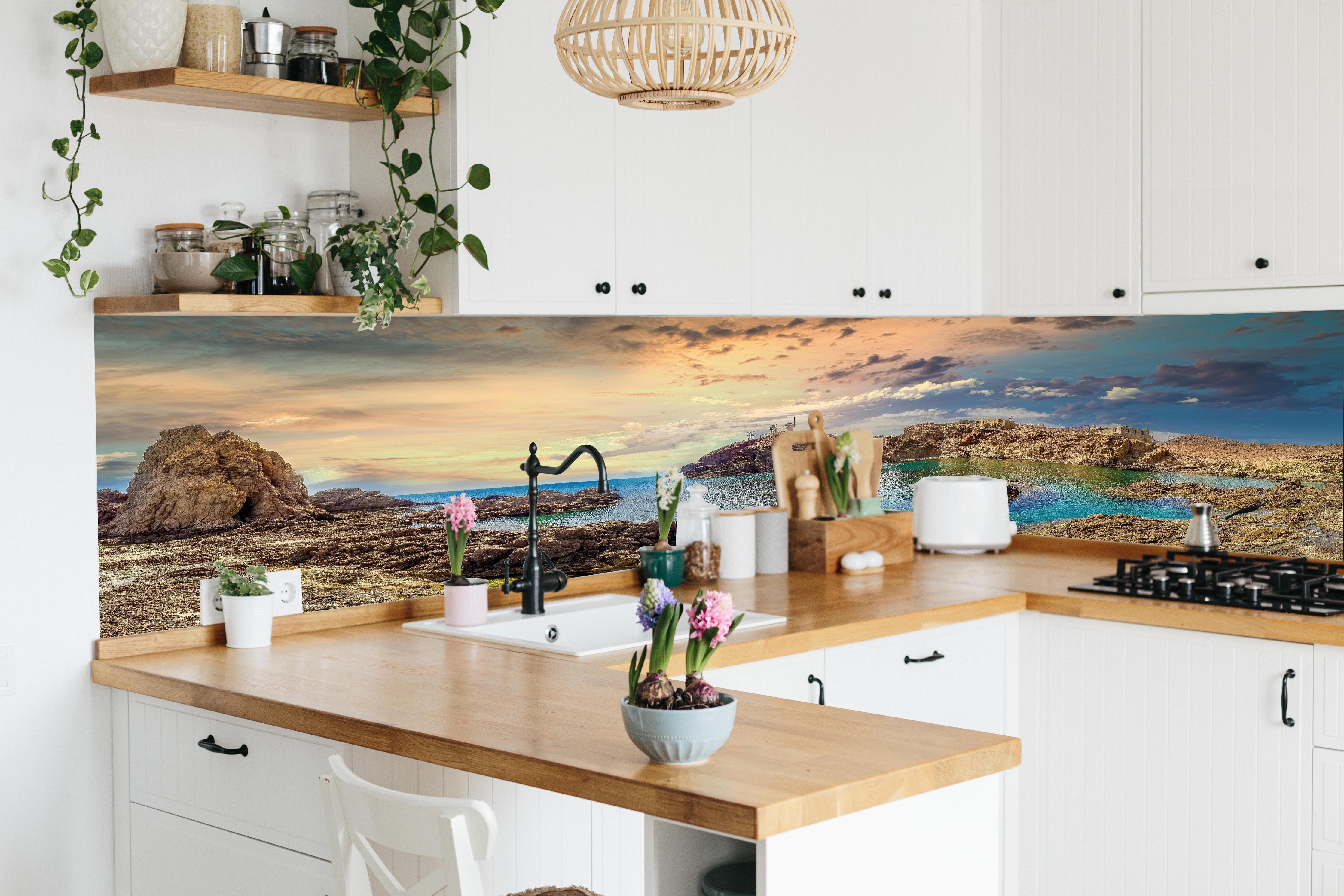 Küche - Panoramablick - Arrecife de las Sirenas in lebendiger Küche mit bunten Blumen