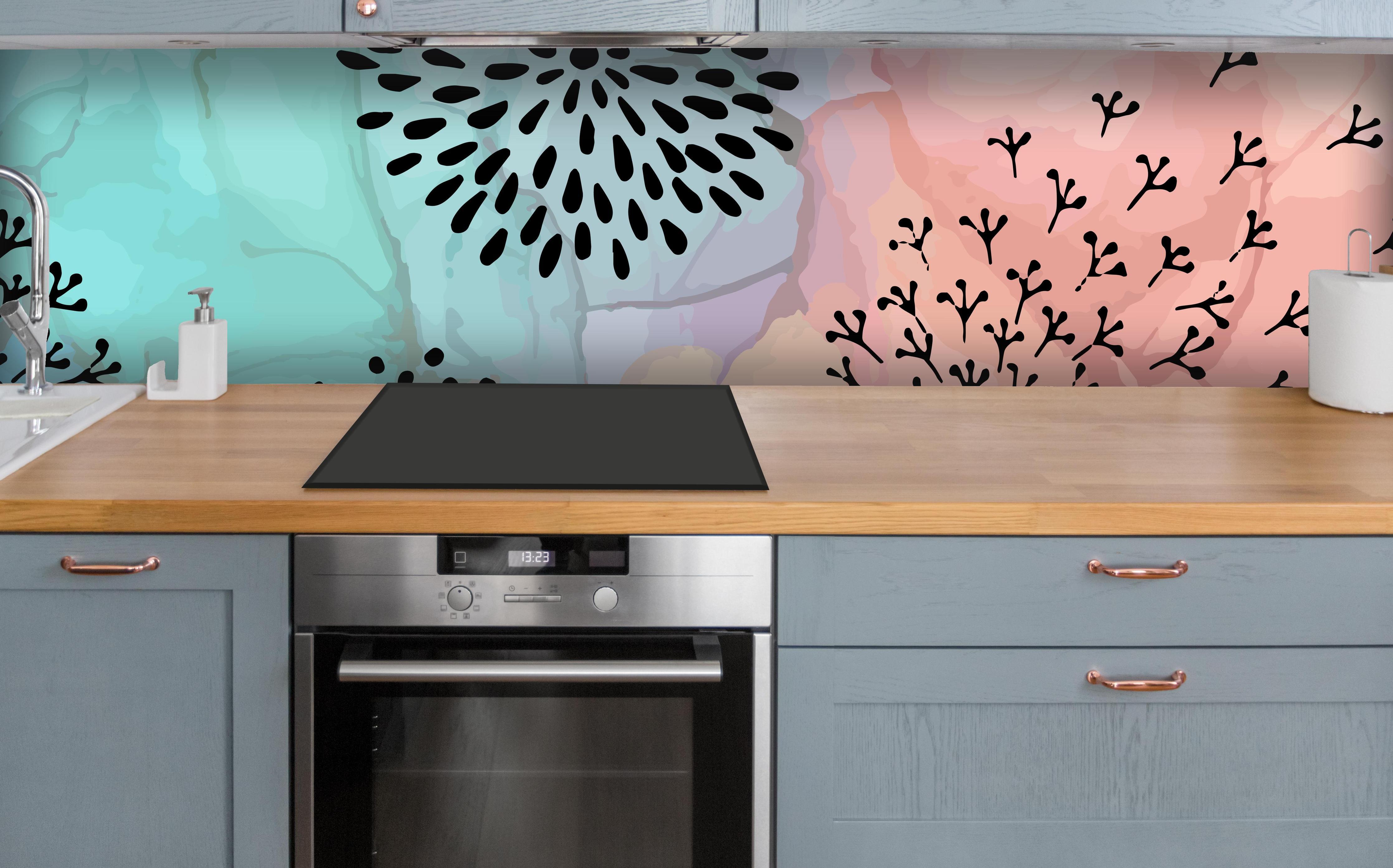 Küche - Pusteblume Aquarell über polierter Holzarbeitsplatte mit Cerankochfeld