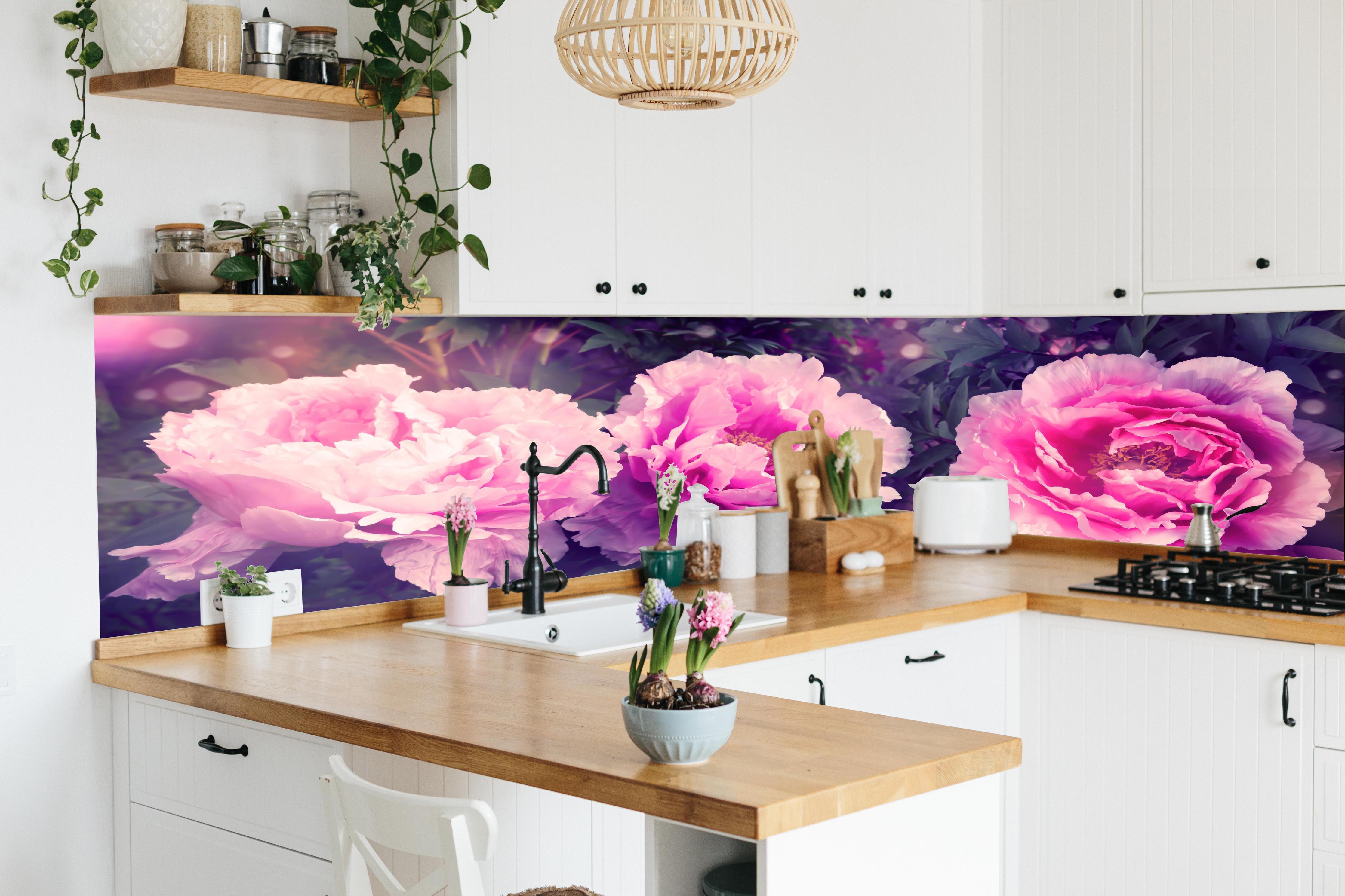 Küche - Rosa-Weiße Pfingstrosen in lebendiger Küche mit bunten Blumen