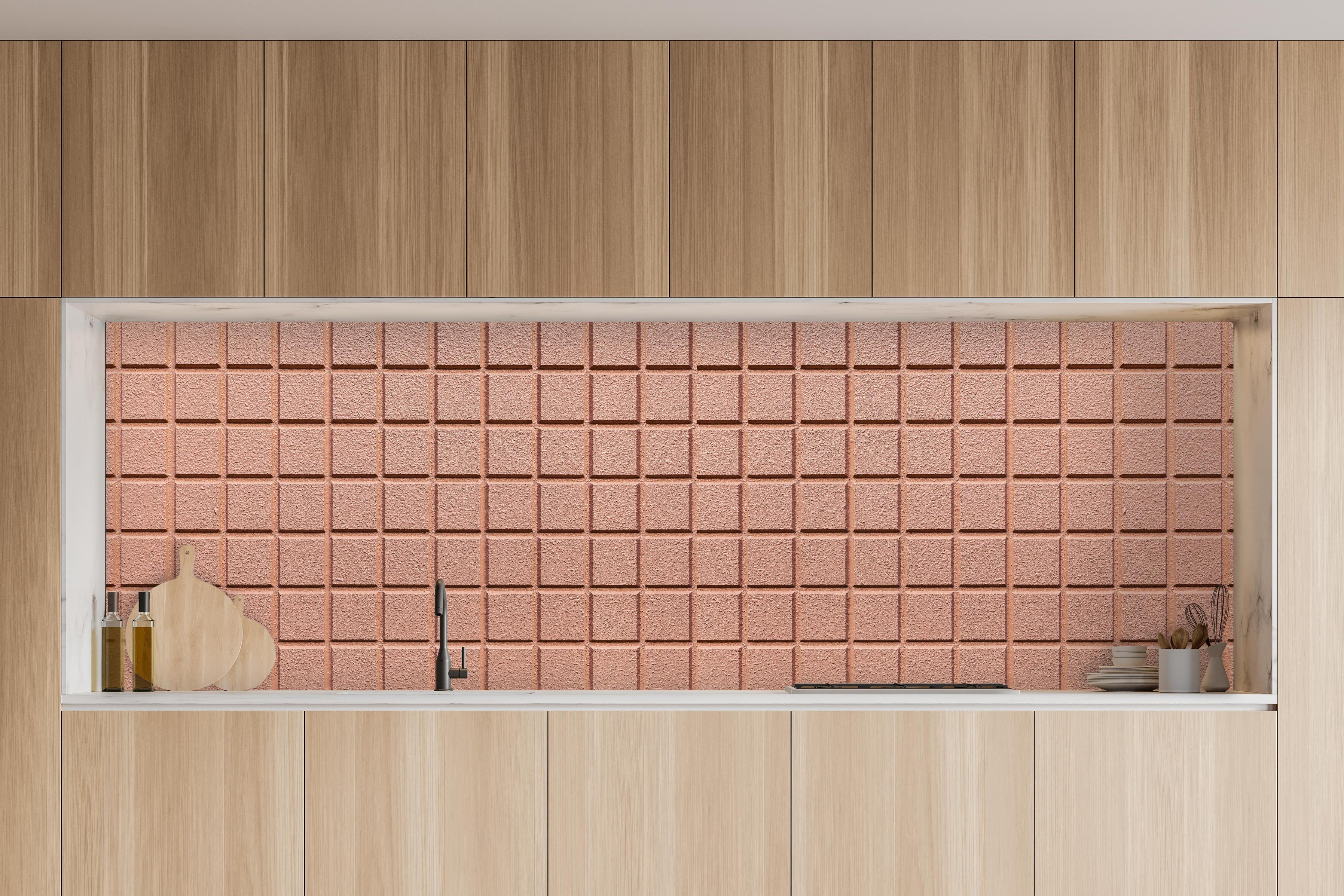 Küche - Rosafarbige Steintextur in charakteristischer Vollholz-Küche mit modernem Gasherd