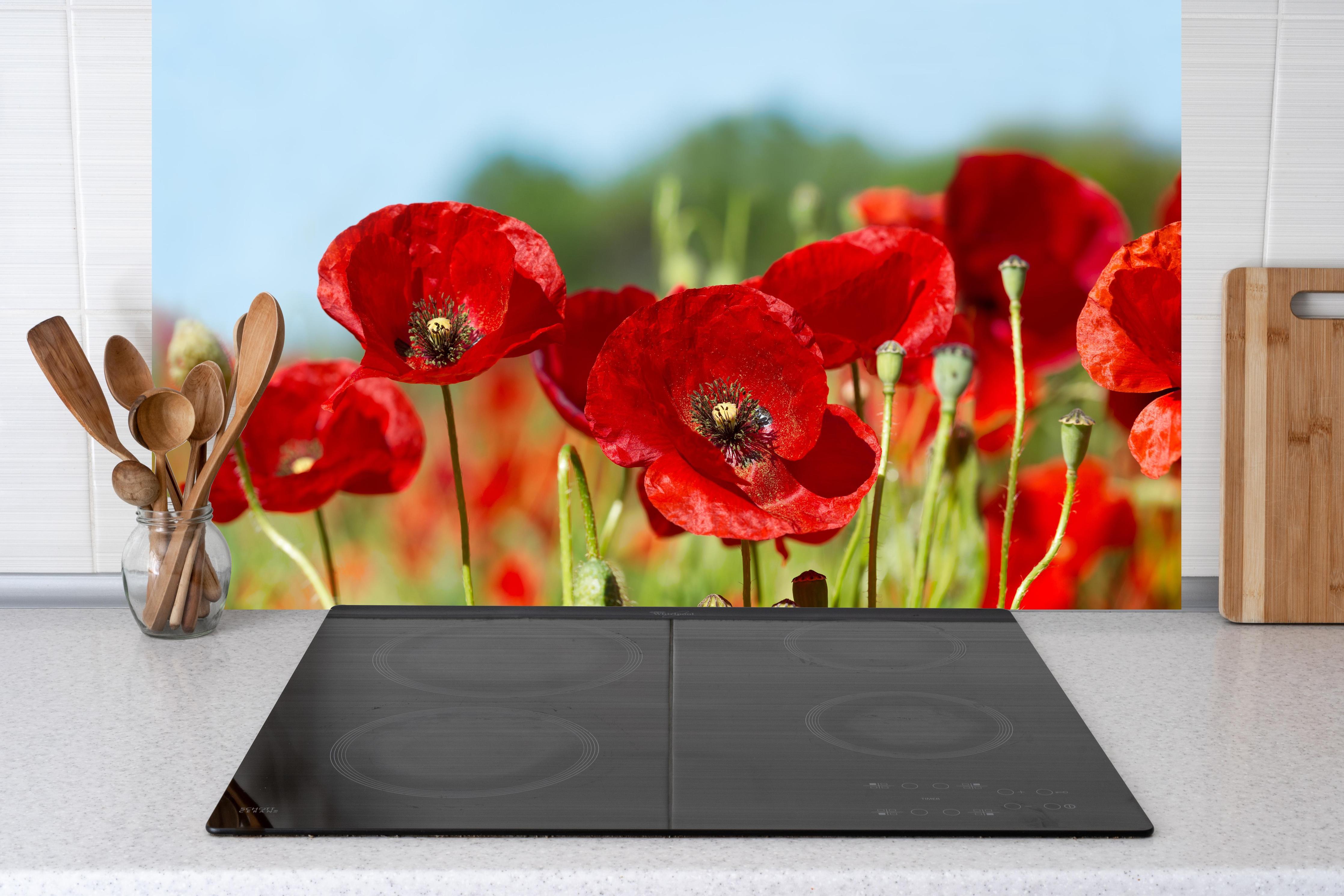 Küche - Rote Mohnblumen auf einem Feld hinter Cerankochfeld und Holz-Kochutensilien