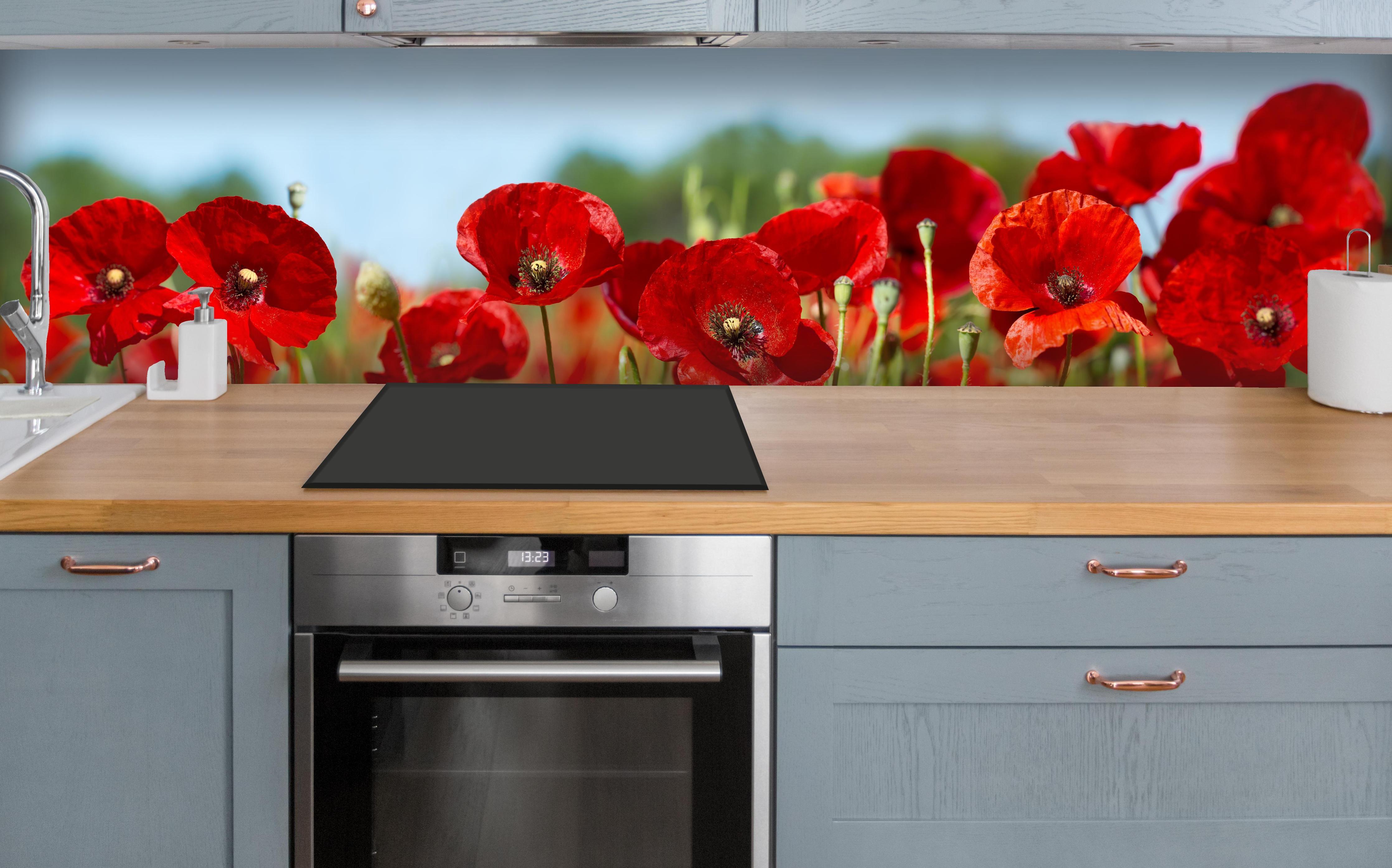 Küche - Rote Mohnblumen auf einem Feld über polierter Holzarbeitsplatte mit Cerankochfeld