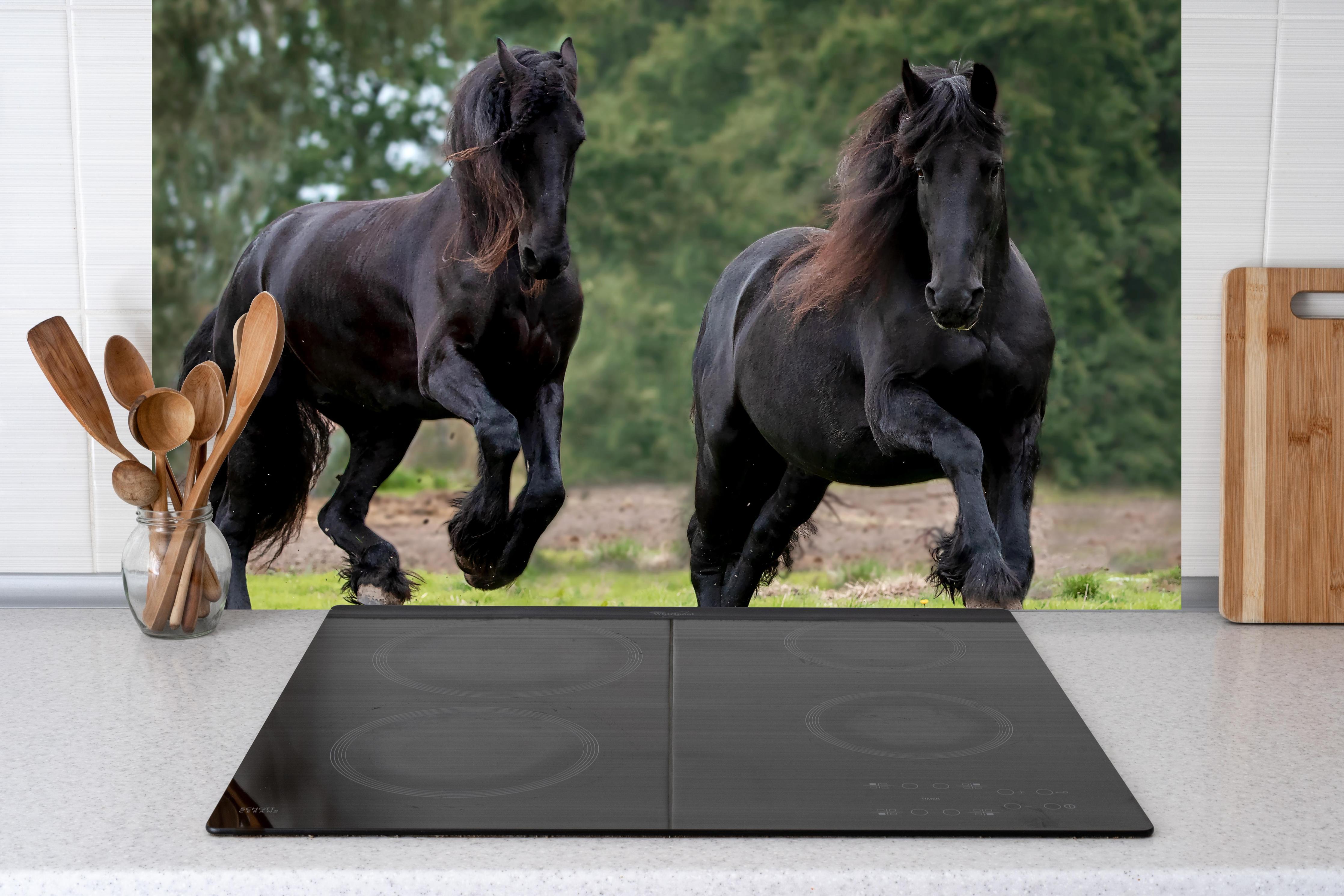 Küche - Schwarze prächtige Friesenpferde hinter Cerankochfeld und Holz-Kochutensilien