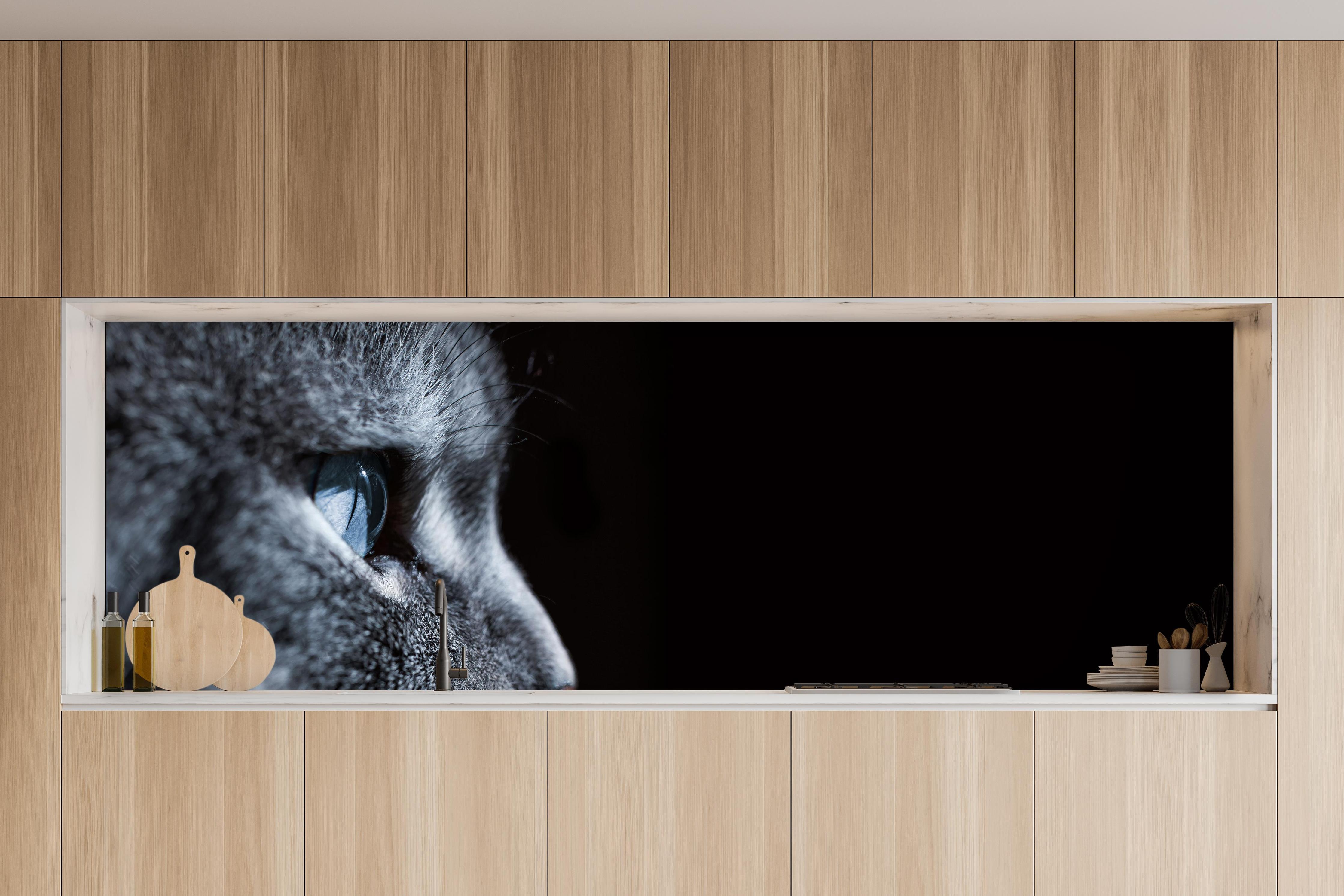 Küche - Seitliches Katzen-Portrait in charakteristischer Vollholz-Küche mit modernem Gasherd