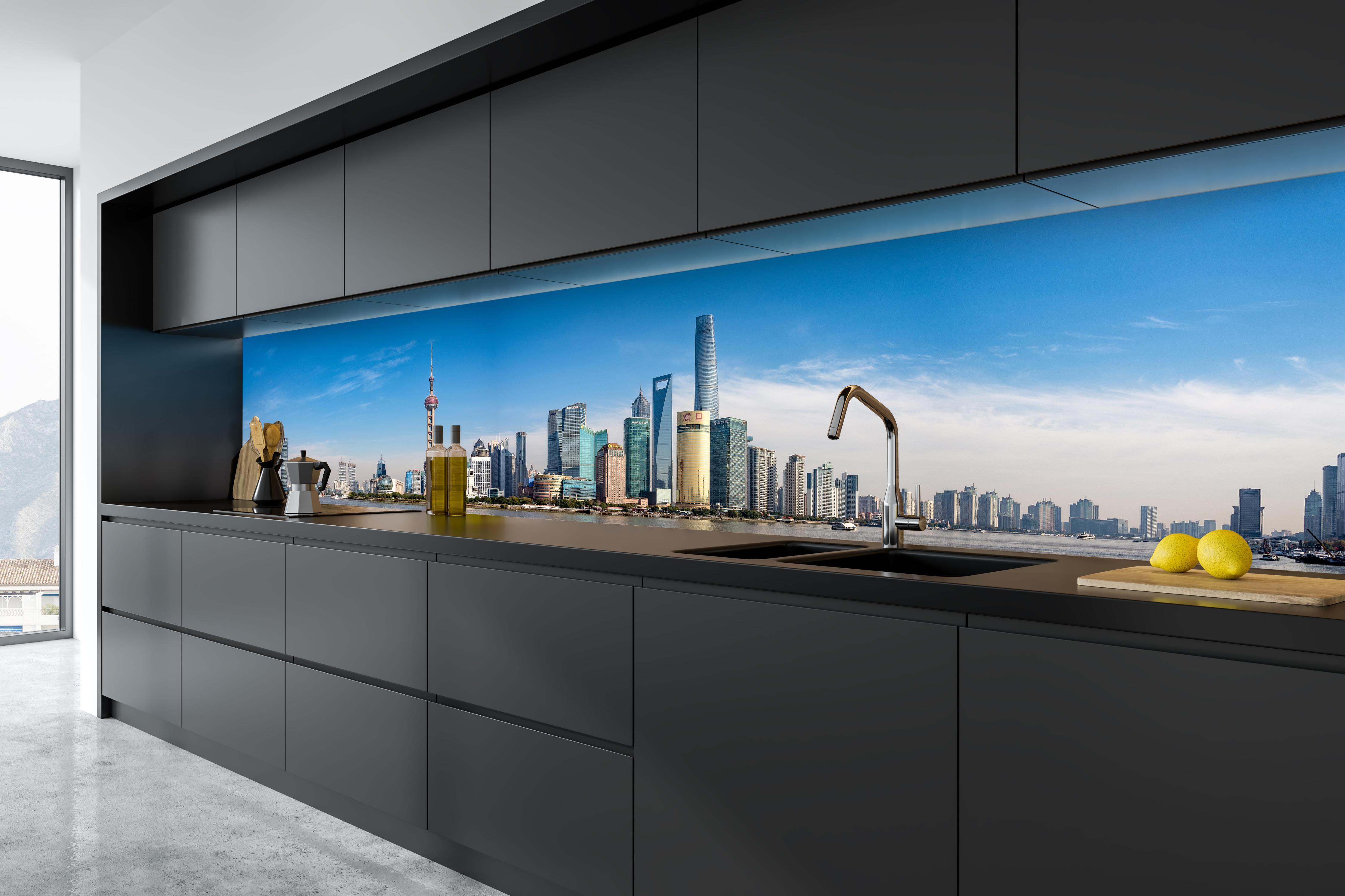 Küche - Skyline von Shanghai in tiefschwarzer matt-premium Einbauküche